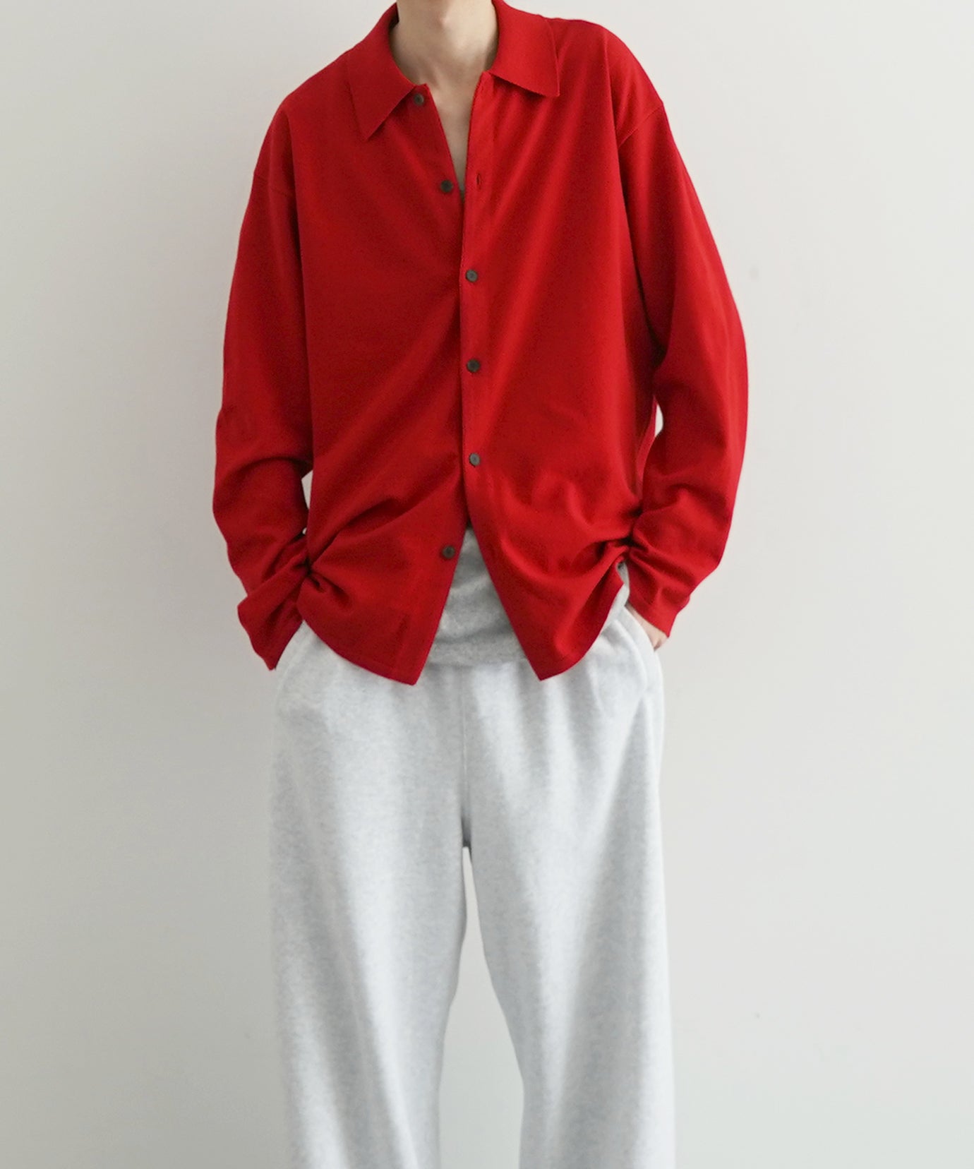 AURALEE High twist wool knit shirt cardigan "RED"