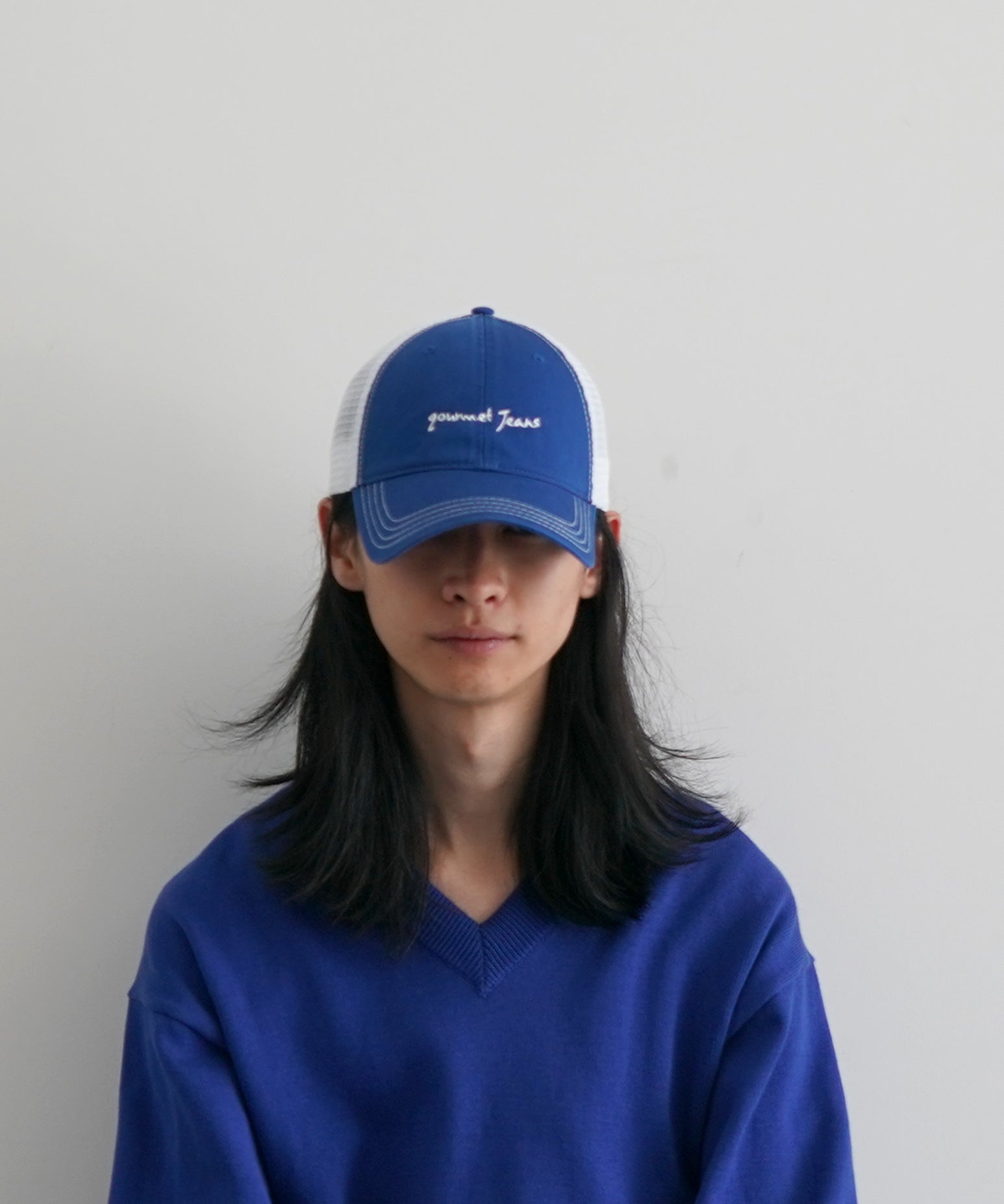 【EXCLUSIVE】gourmet jeans Mesh cap gourmet jeans "BLUE×WHITE"