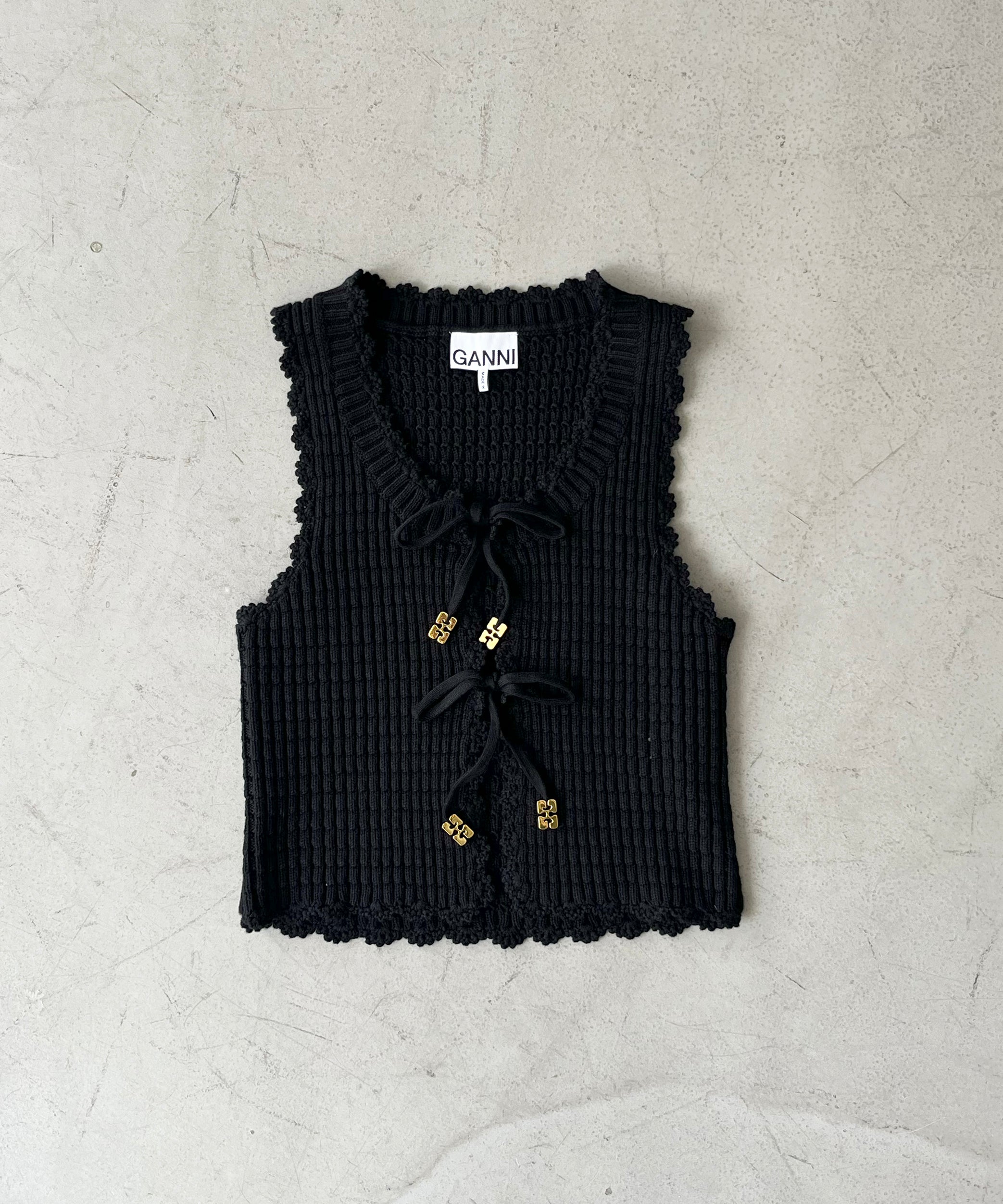 GANNI Cotton textured lace top "BLACK"