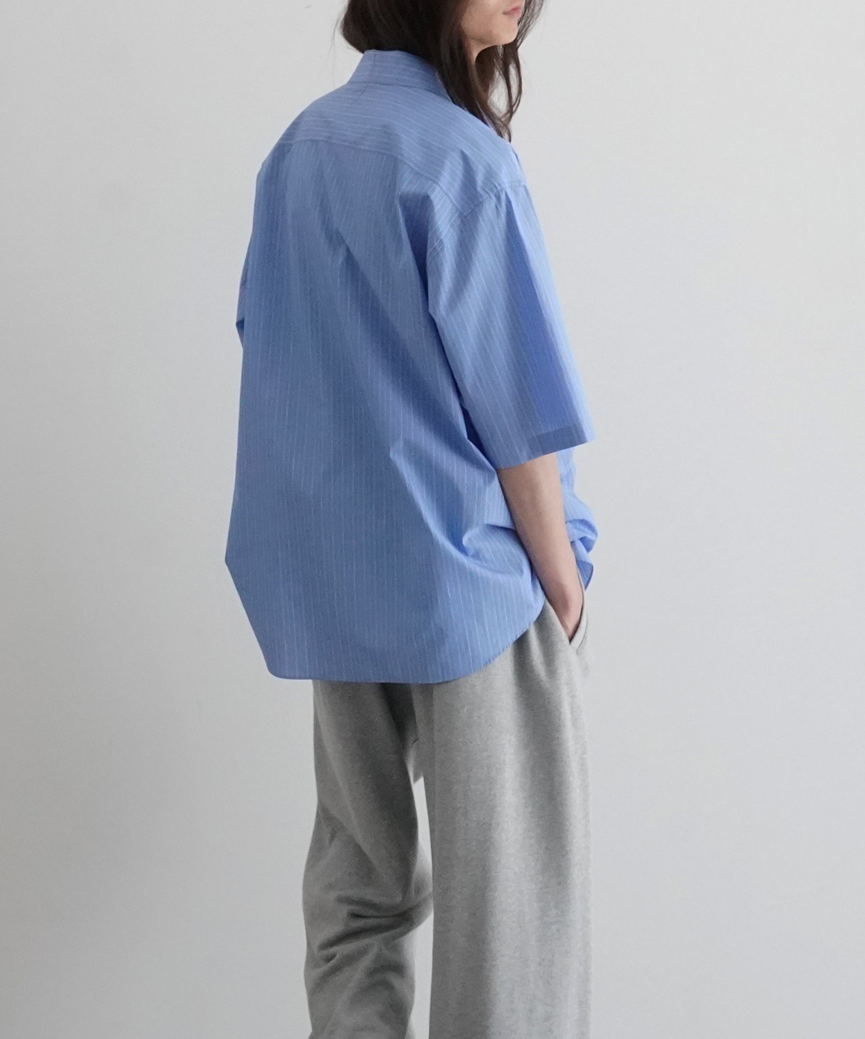 AURALEE Suvin high count cloth stripe half sleeved shirt "LIGHT BLUE STRIPE"