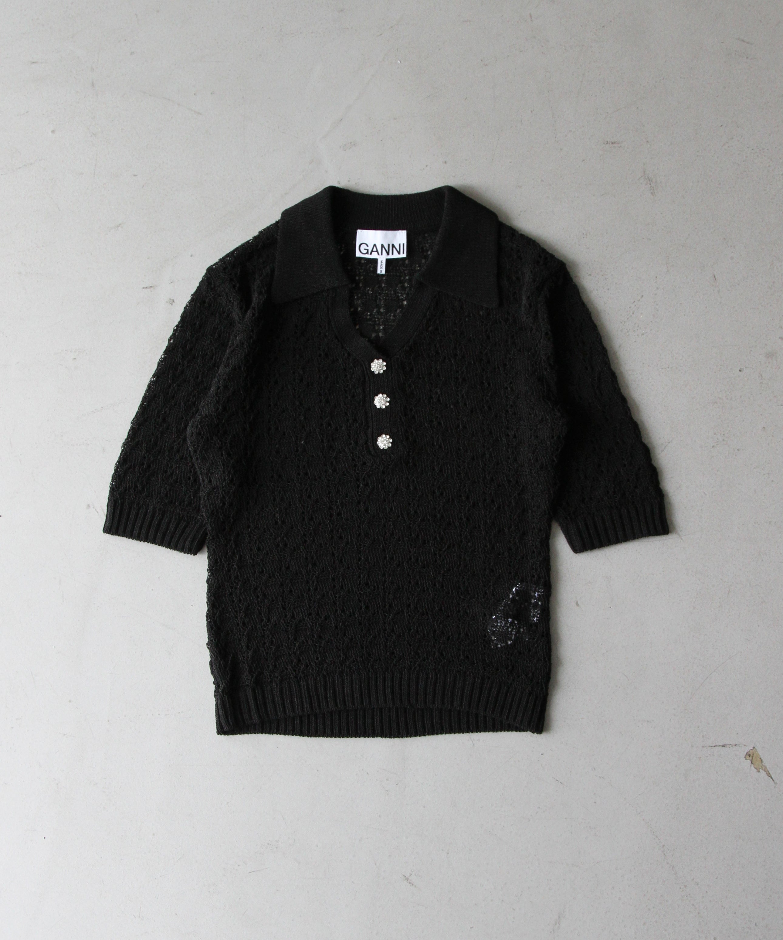 GANNI Shiny pointelle knit short sleeve polo "BLACK"