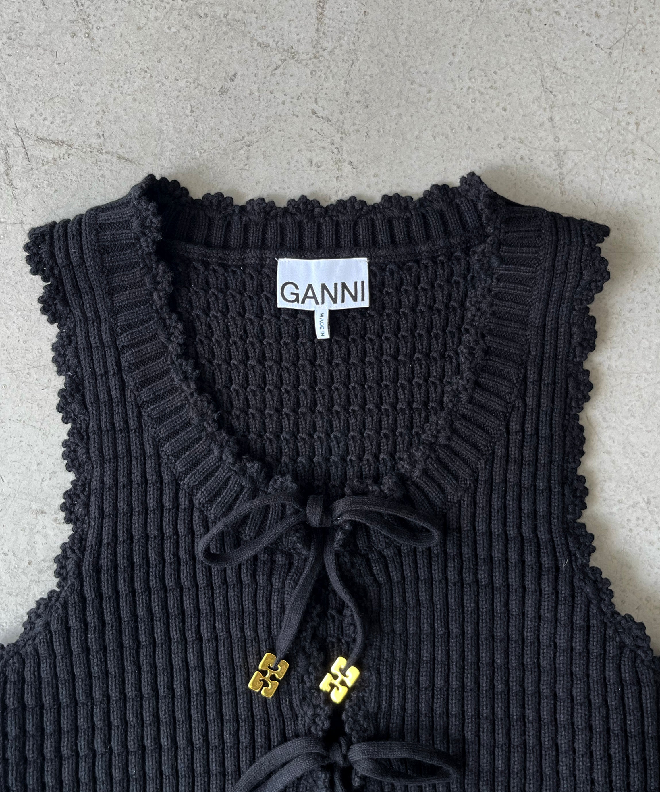 GANNI Cotton textured lace top "BLACK"