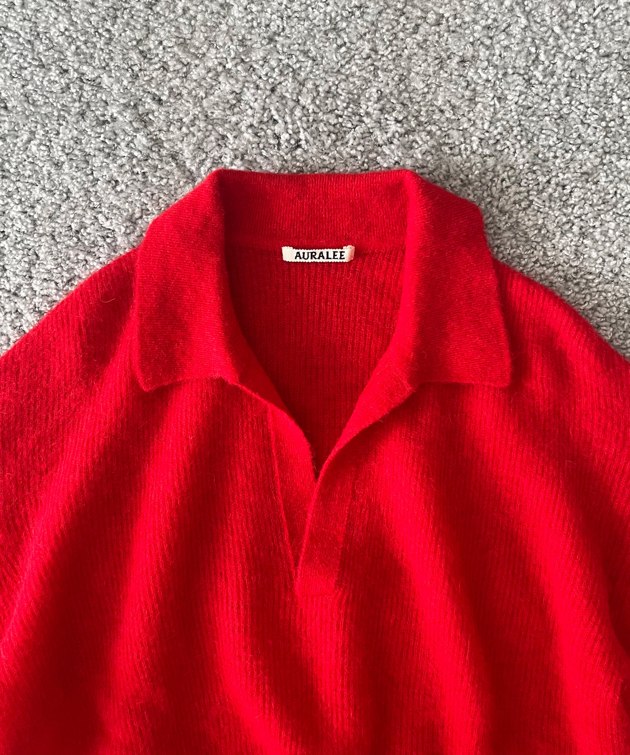AURALEE Baby suri alpaca sheer knit skipper polo "RED"