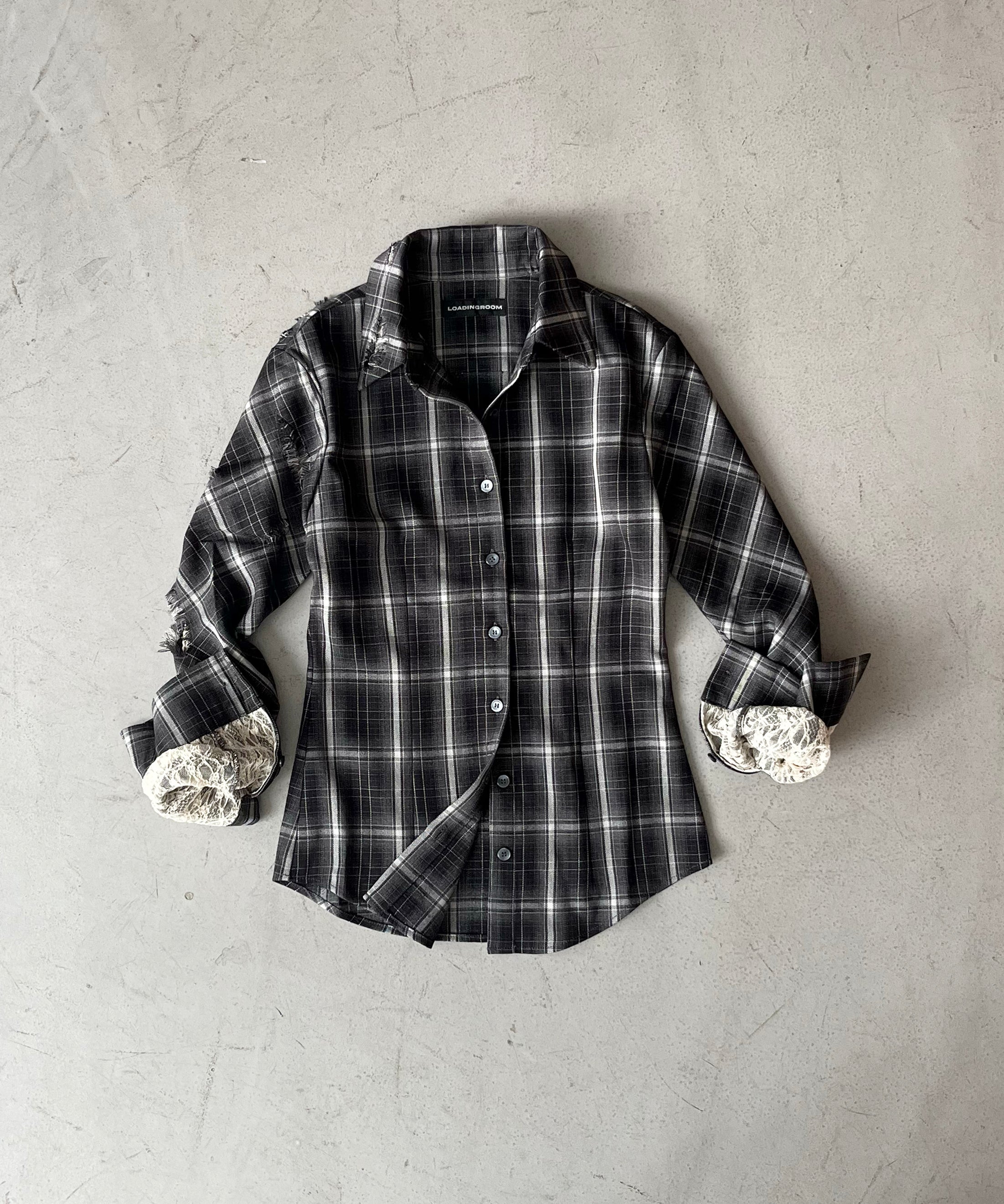 LOADINGROOM Check overlay lace shirt "BLACK"