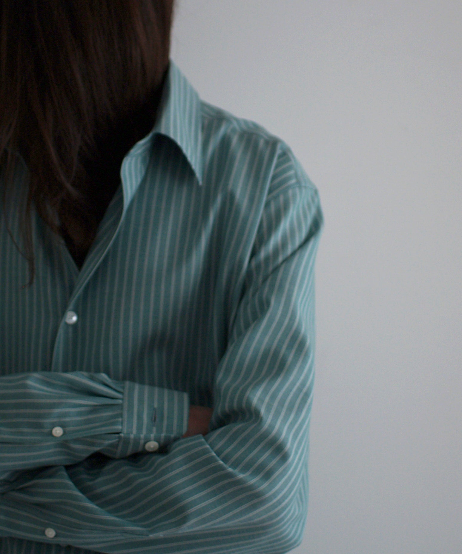 AURALEE Super fine wool stripe shirt "GREEN STRIPE"