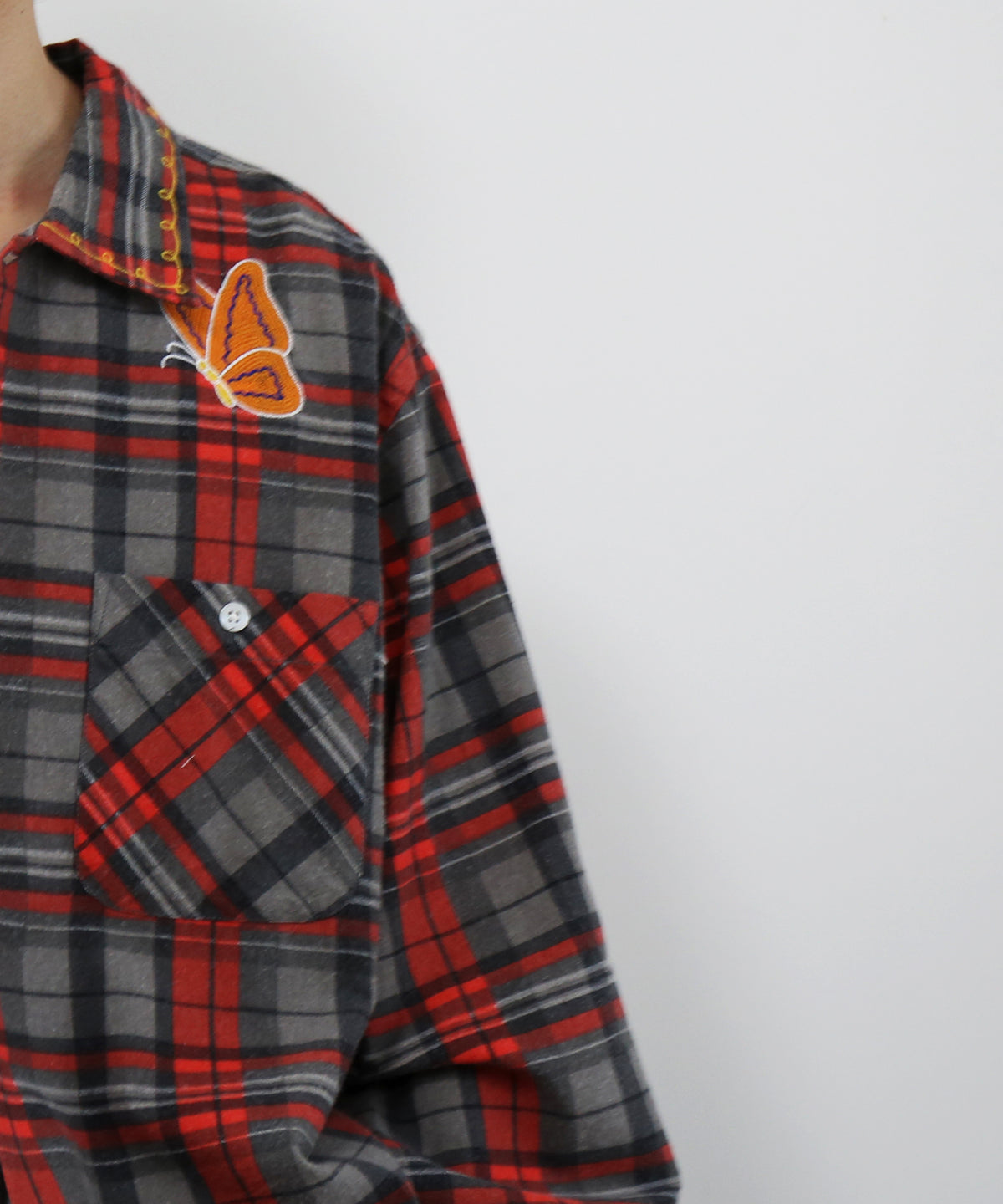 NEEDLES One-up shirt - printed flannel/plaid "B-GREY/RED B"