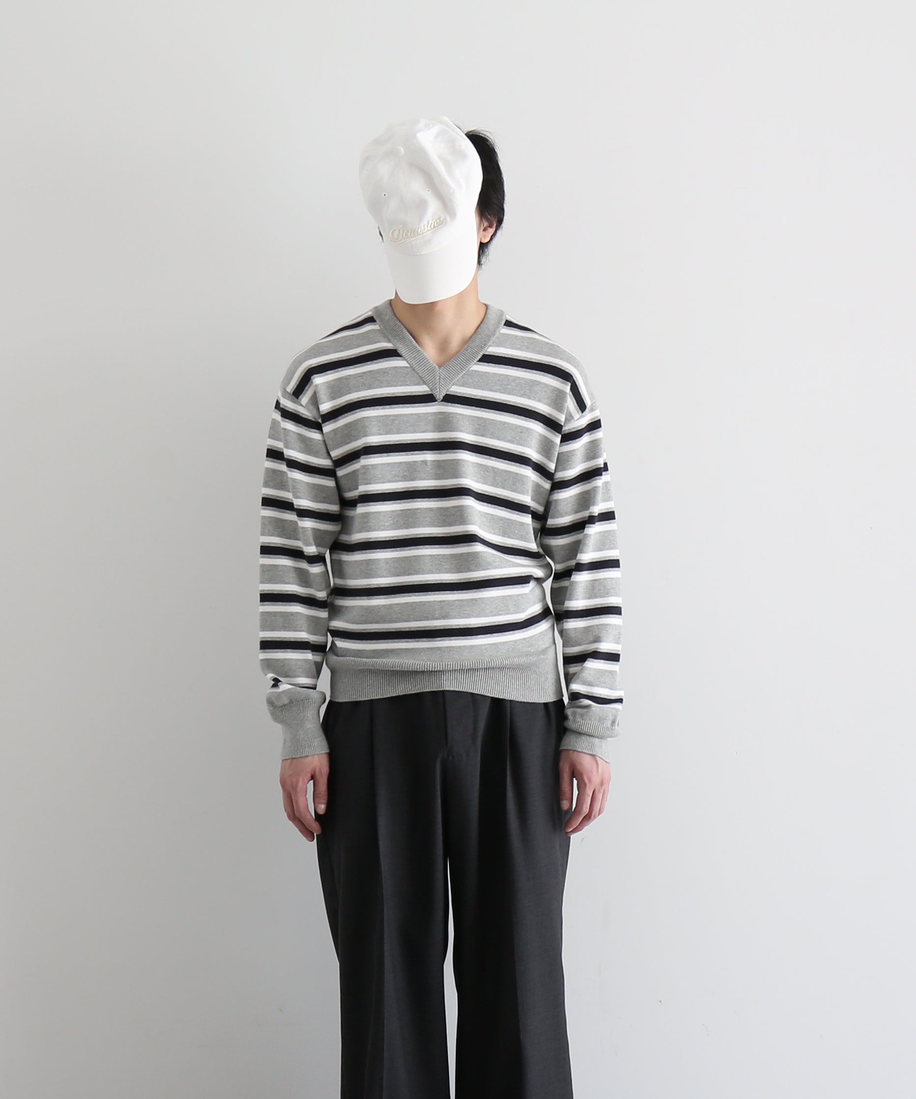 KAIKO Border v neck sweater "S.BLUE"