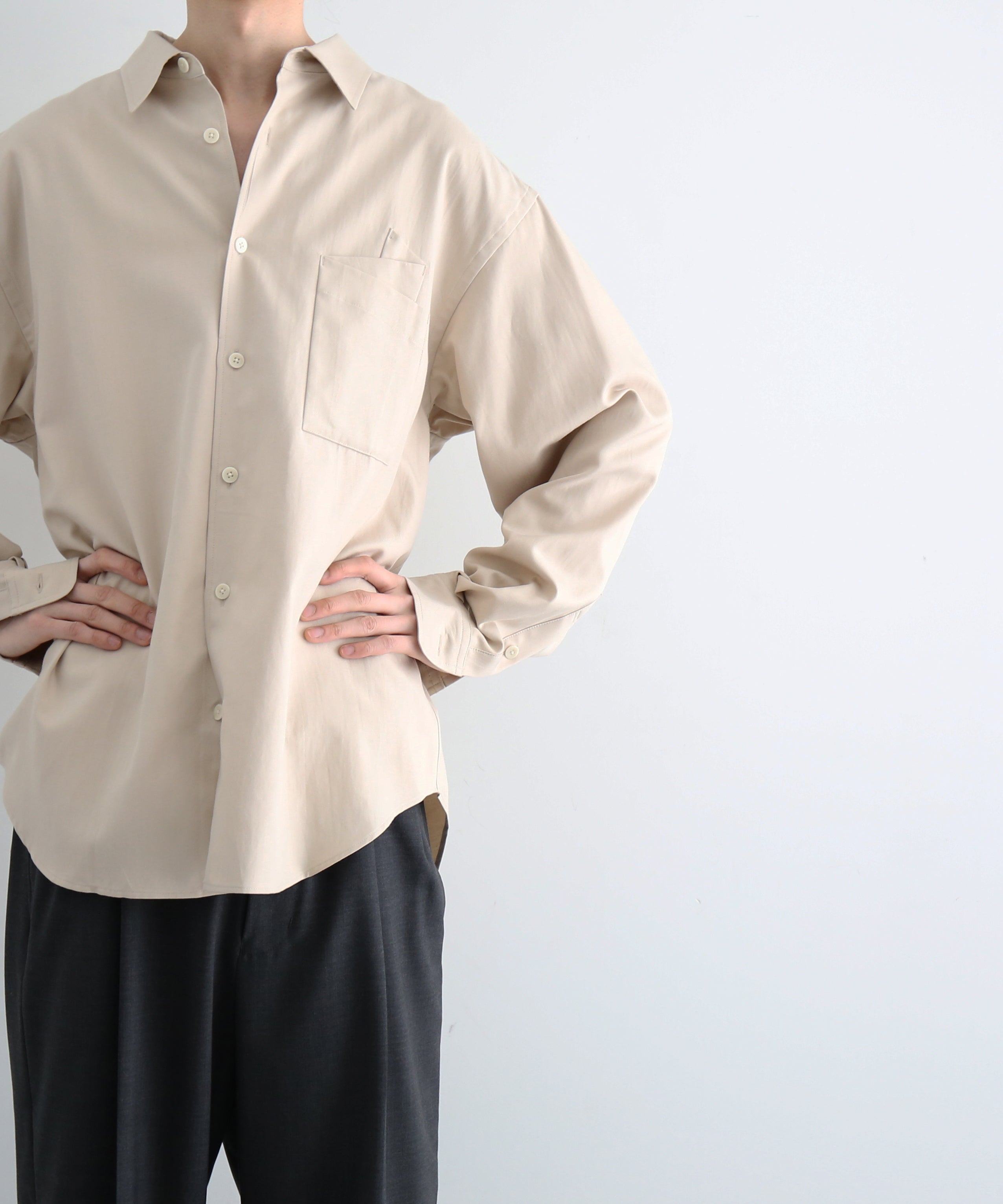 WHOWHAT Origami pocket shirt <long sl> "BEIGE"