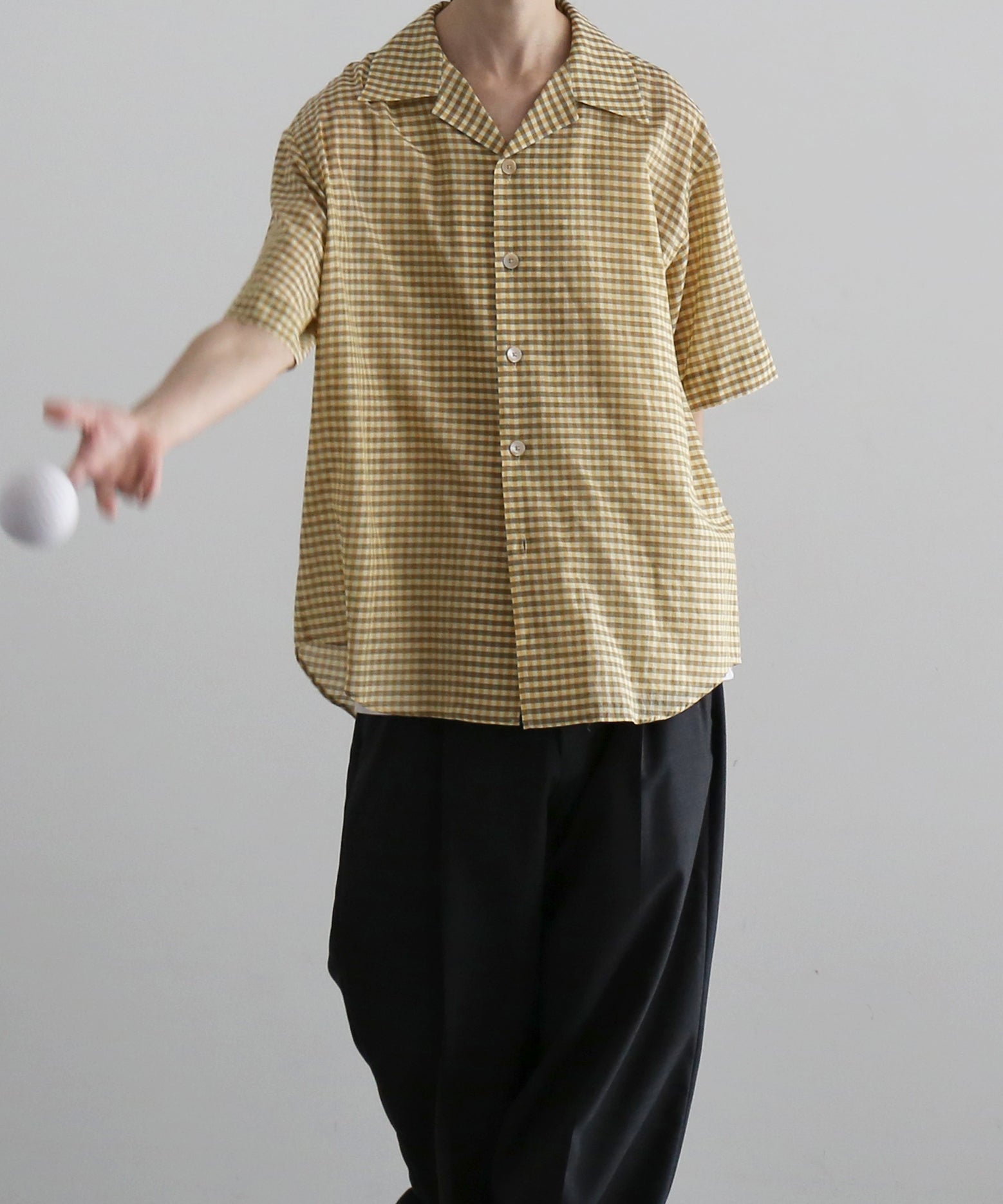 AURALEE Airy light cotton check half sleeved shirt "MUSTARD GINGHAM CHECK"