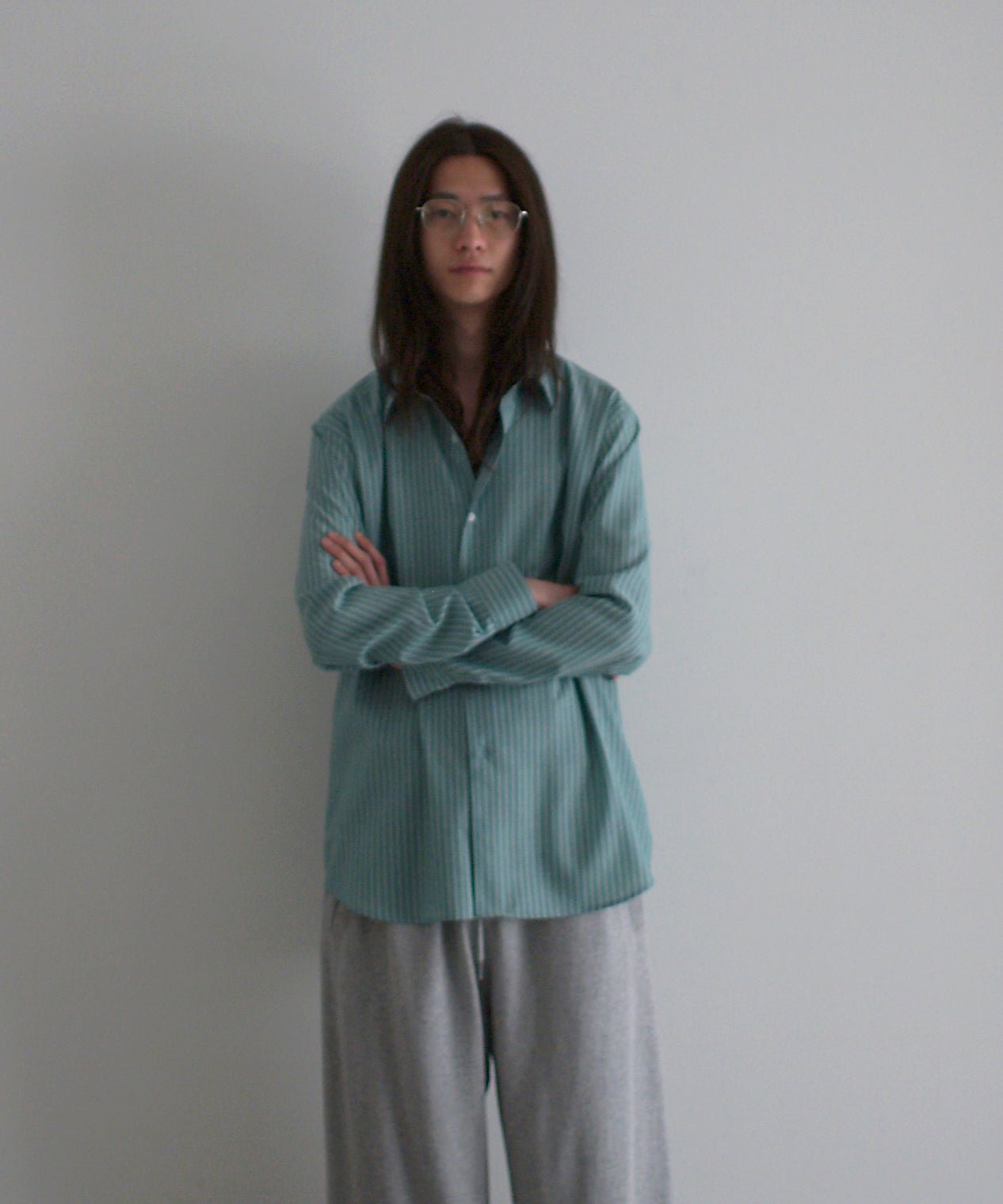 AURALEE Super fine wool stripe shirt "GREEN STRIPE"