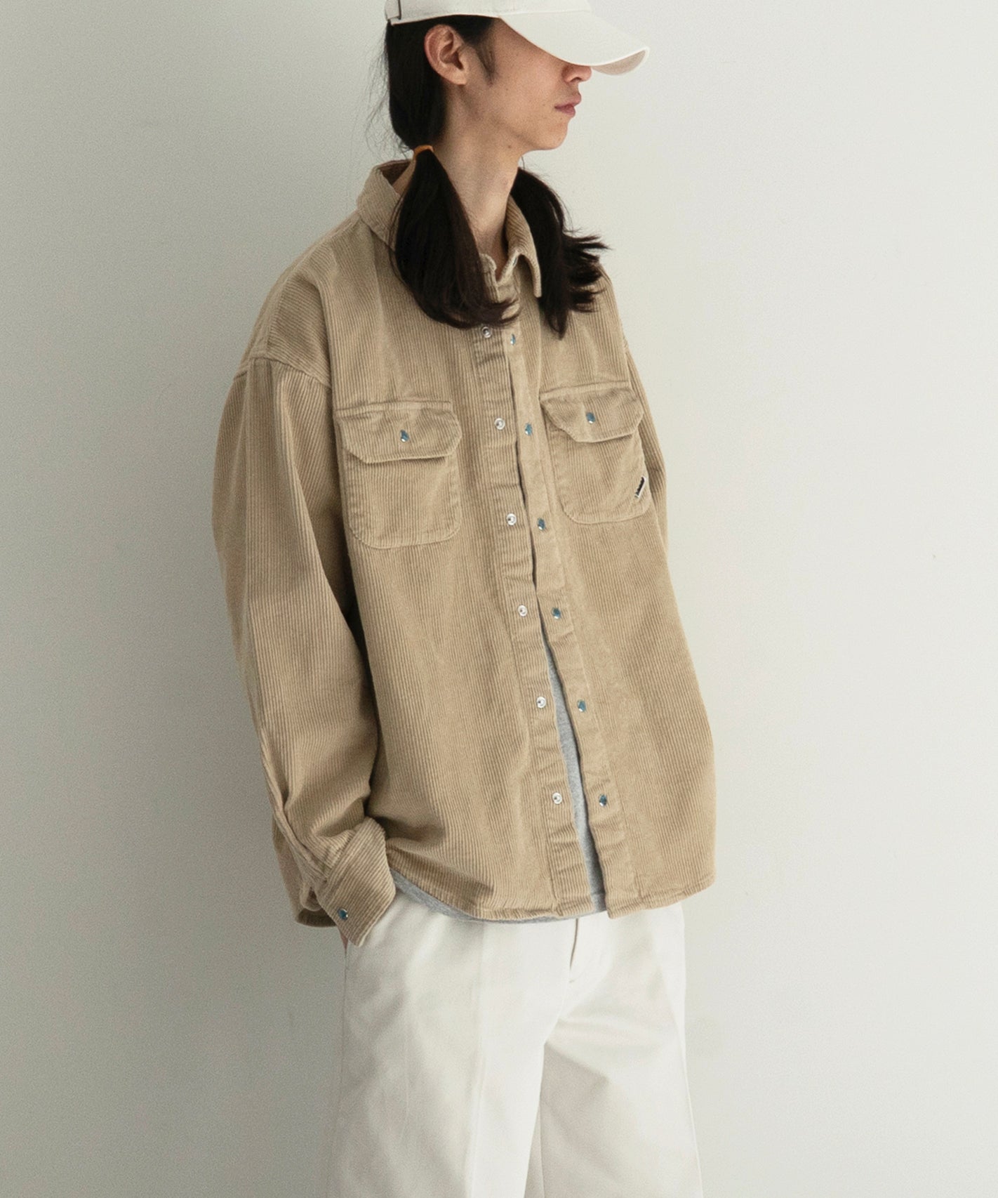 PHINGERIN Corduroy stone snap shirt jacket "A:BEIGE"