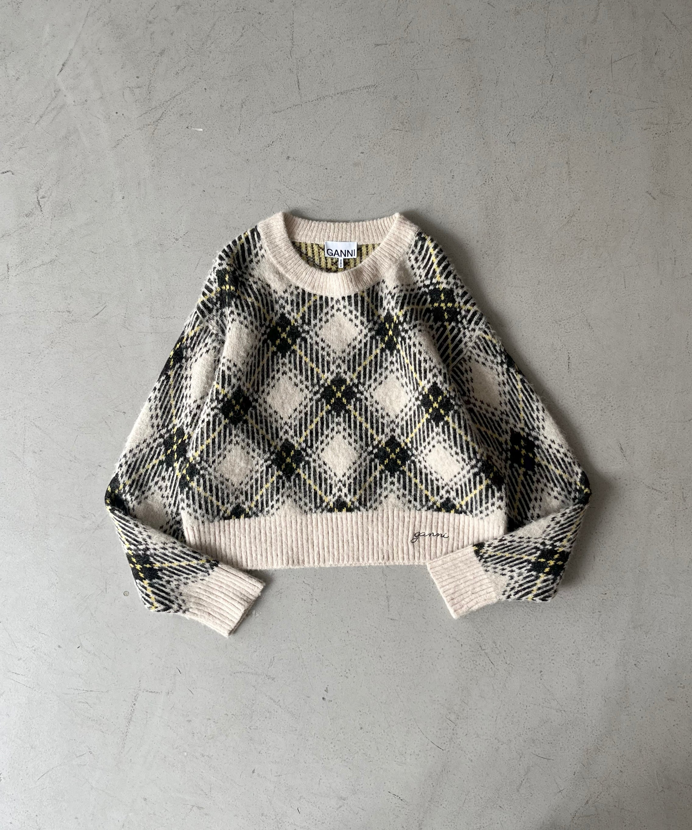 GANNI Check wool oversized pullover "EGRET"