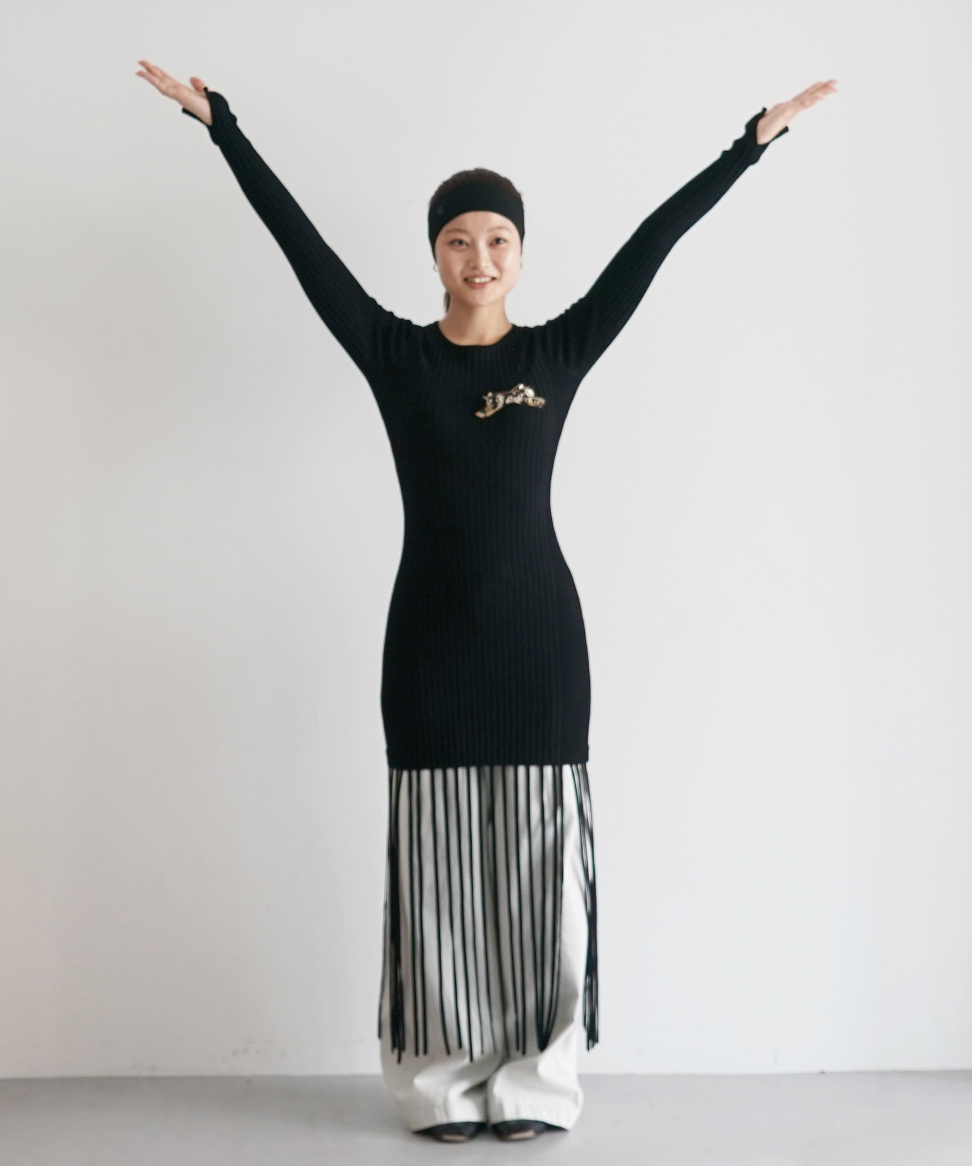 GANNI Melange knit fringe mini dress "BLACK"