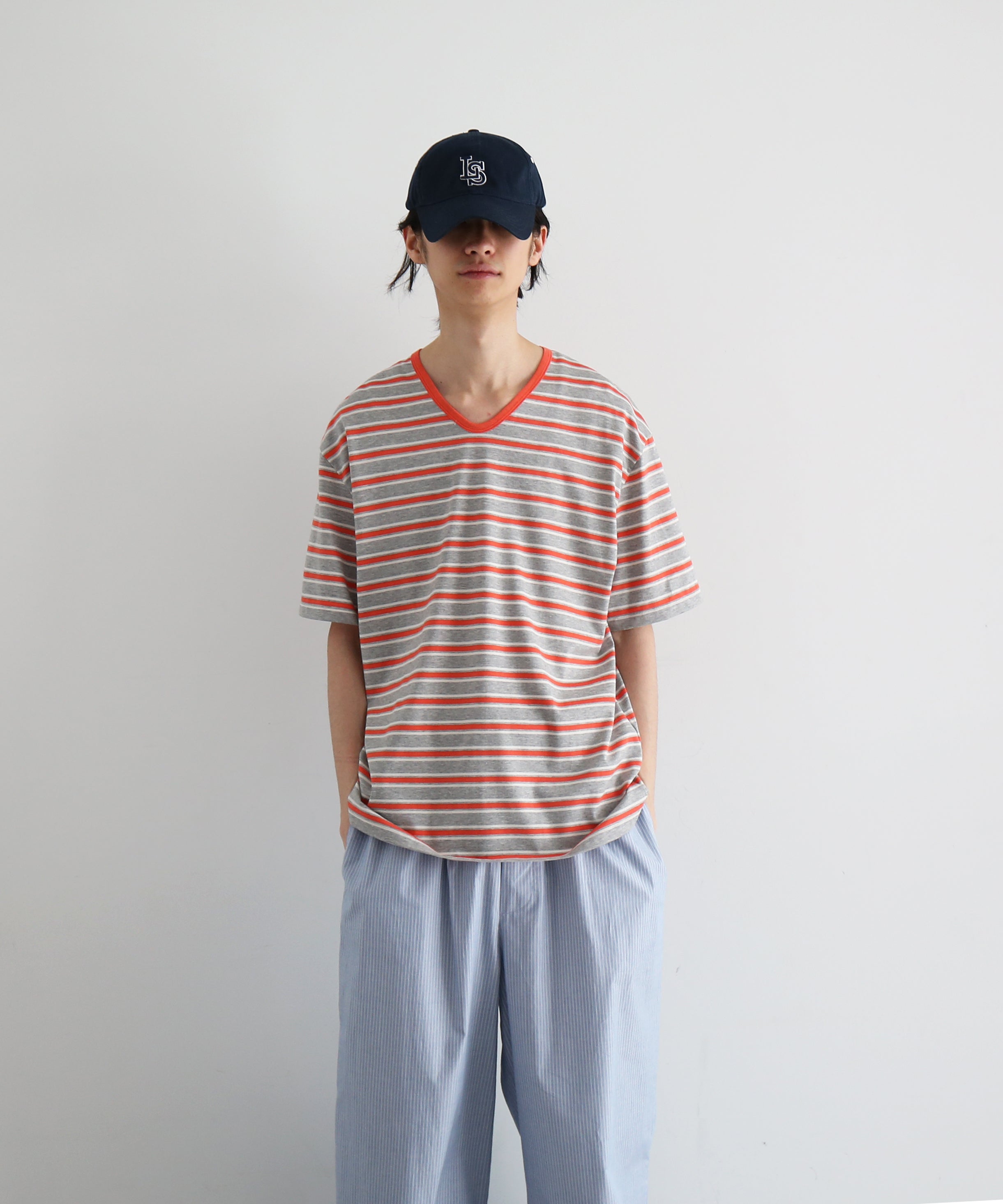 KAIKO V neck border t-shirts "RED"