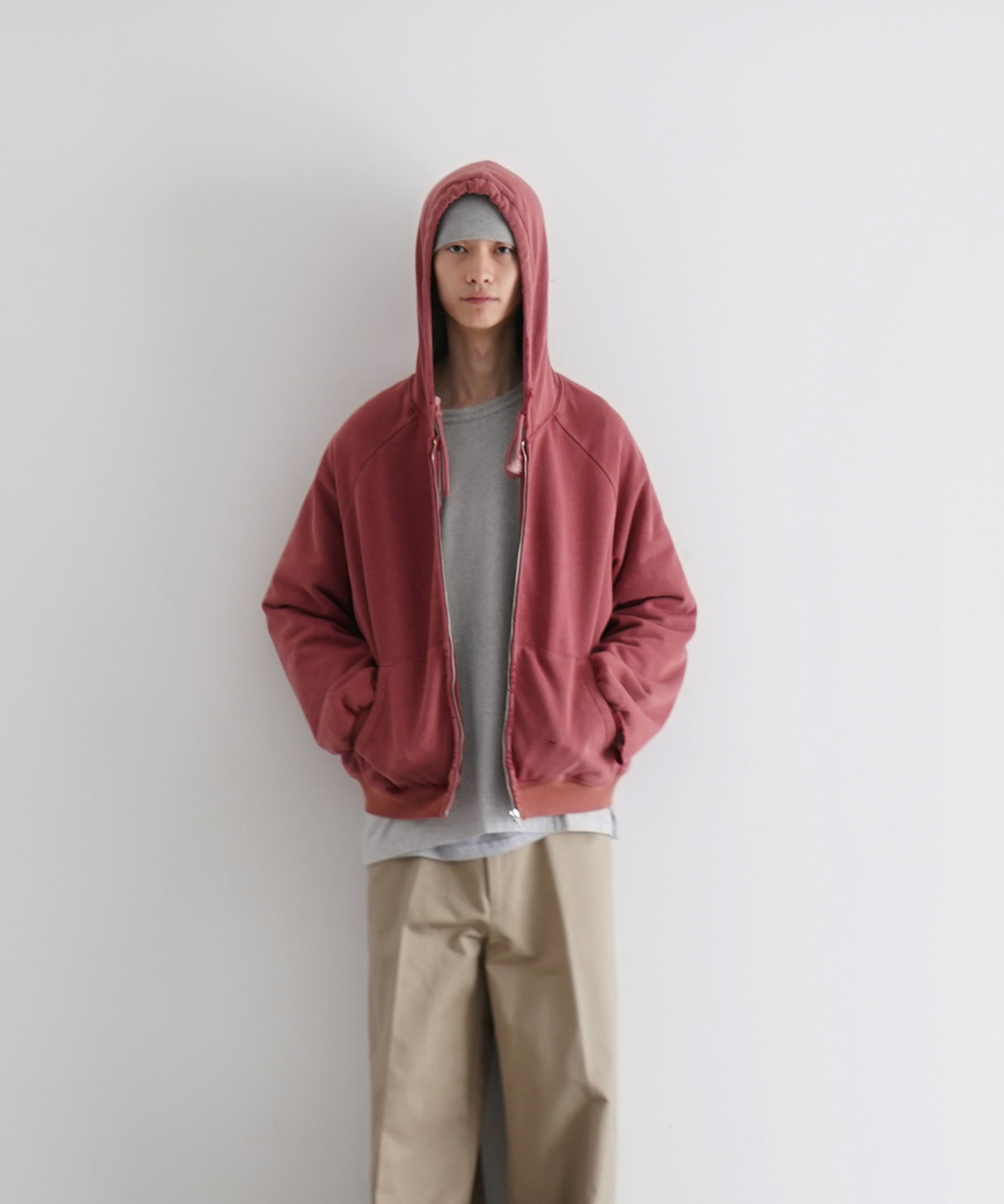 Basketcase Hench, thermal lined zip-up hoodie  "WASHED RED"