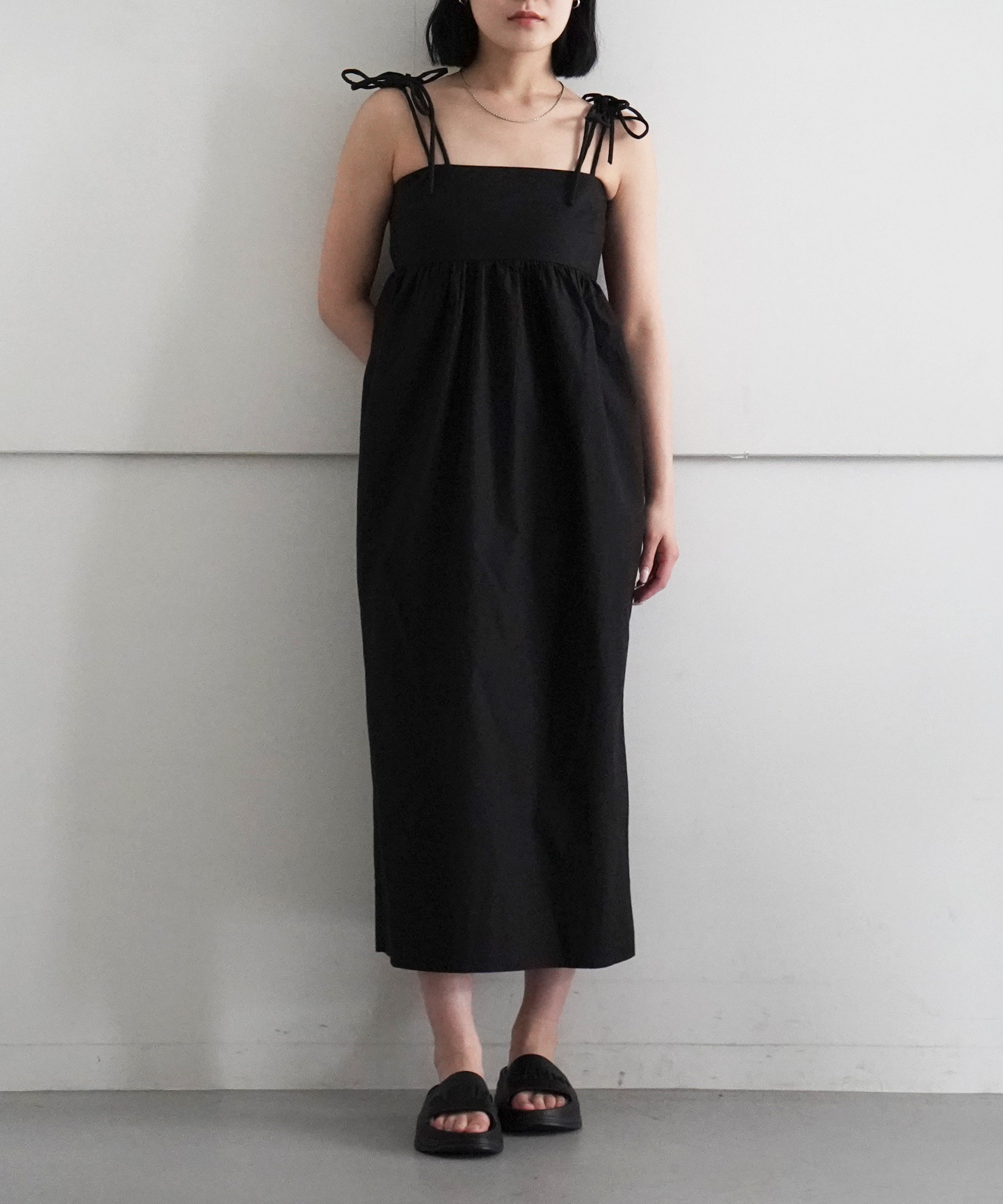 GANNI Cotton Poplin String Midi Dress BLACK