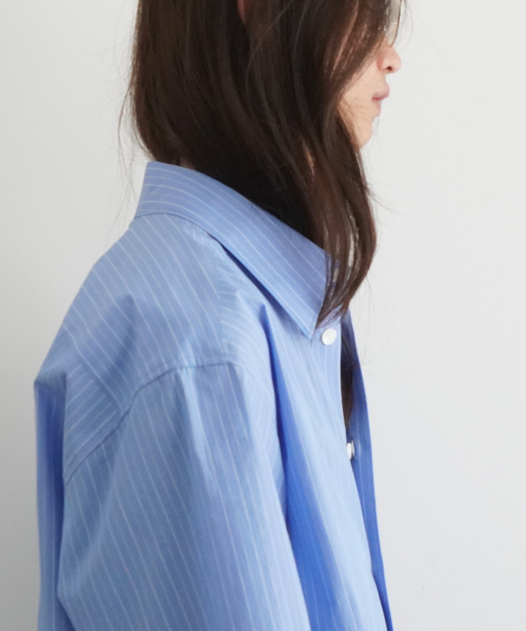 AURALEE Suvin high count cloth stripe half sleeved shirt "BLUE STRIPE"