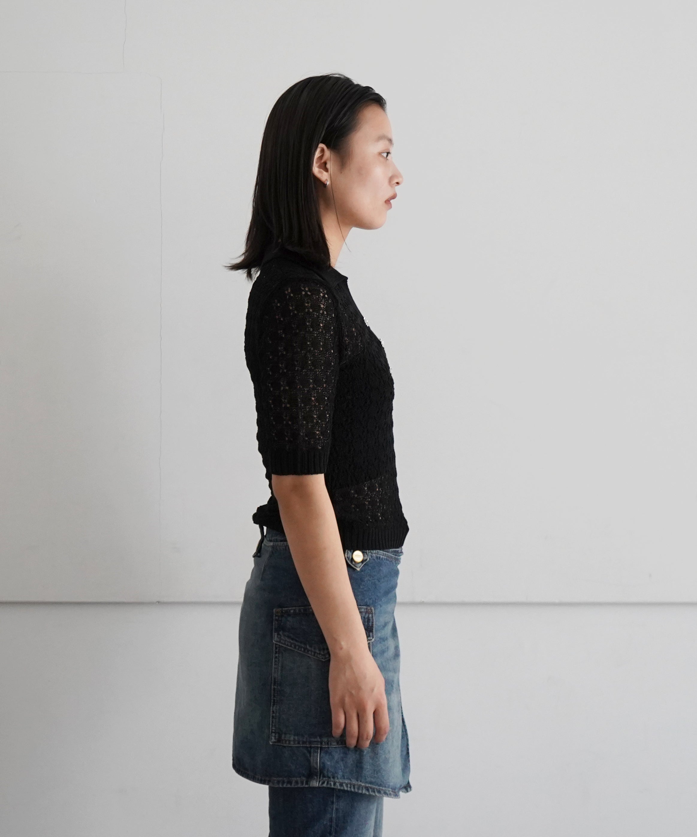GANNI Shiny pointelle knit short sleeve polo "BLACK"