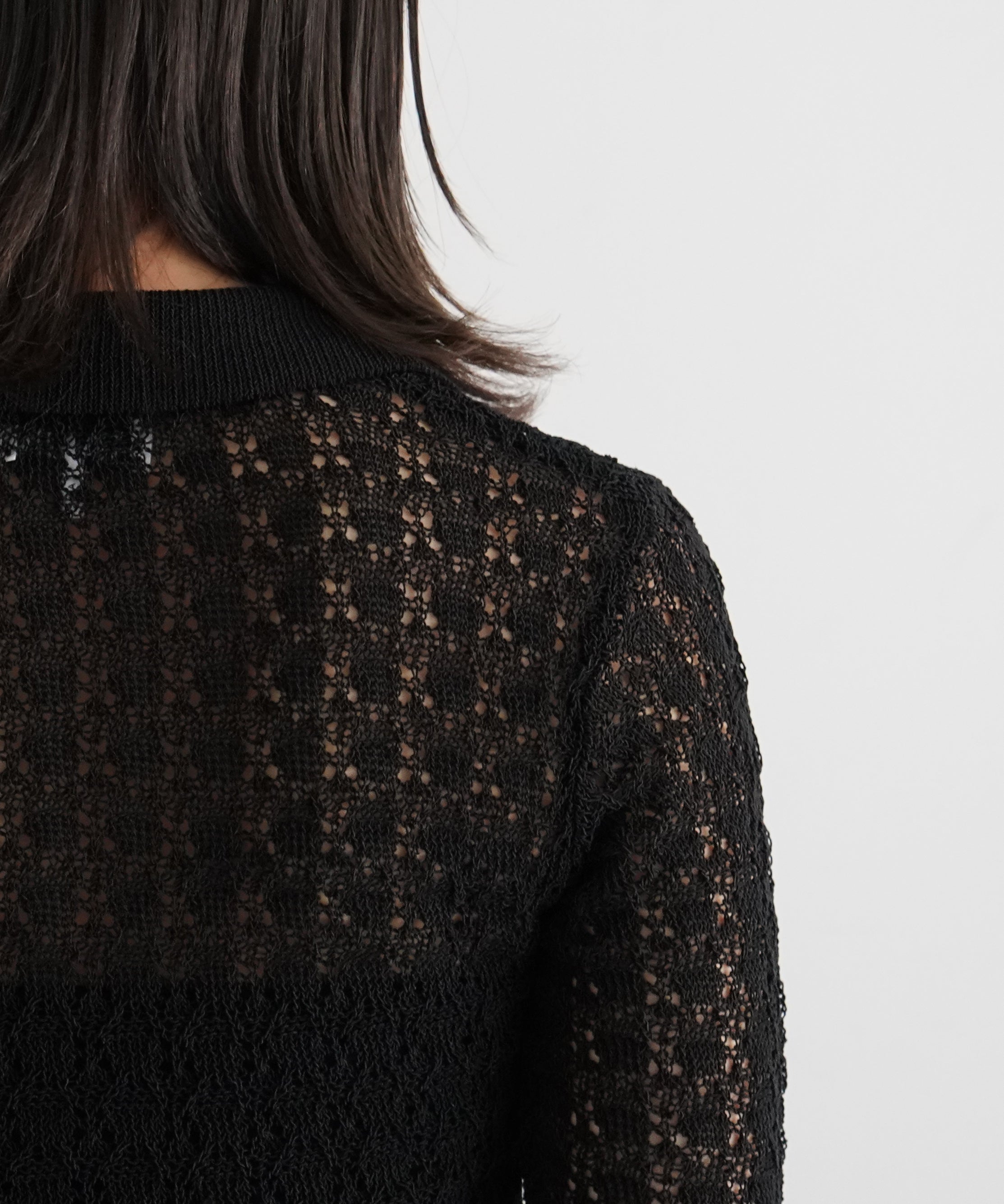 GANNI Shiny pointelle knit short sleeve polo "BLACK"