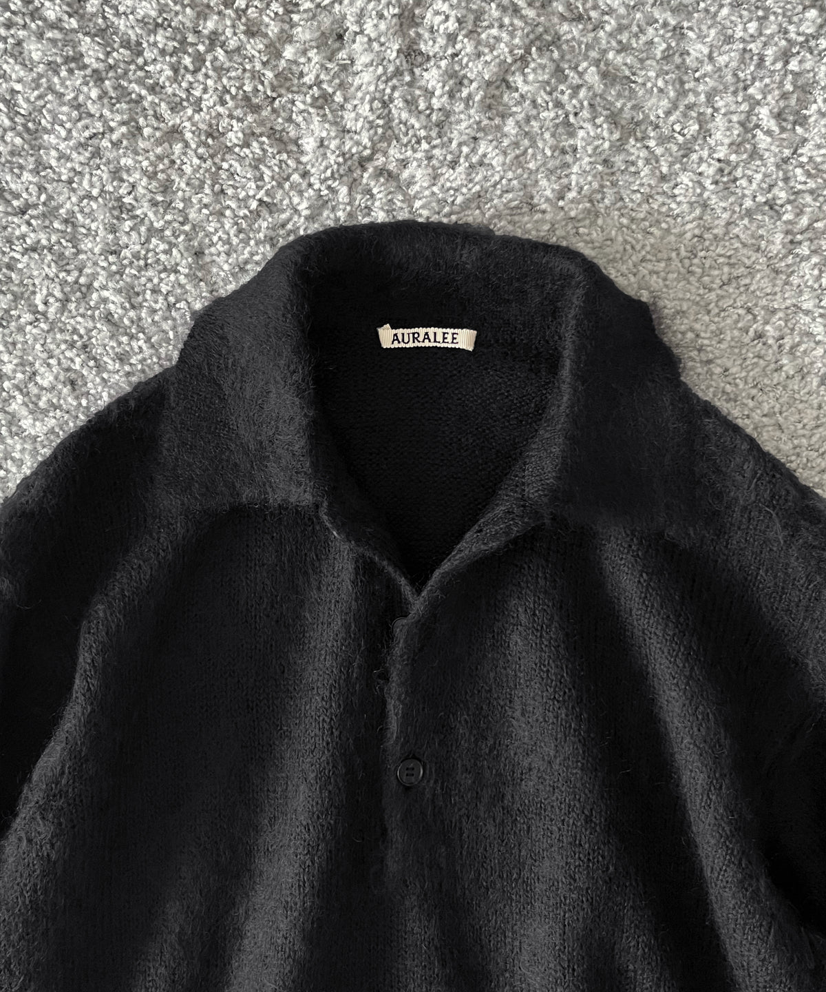 AURALEE Brushed super kid mohair knit polo “INK BLACK”
