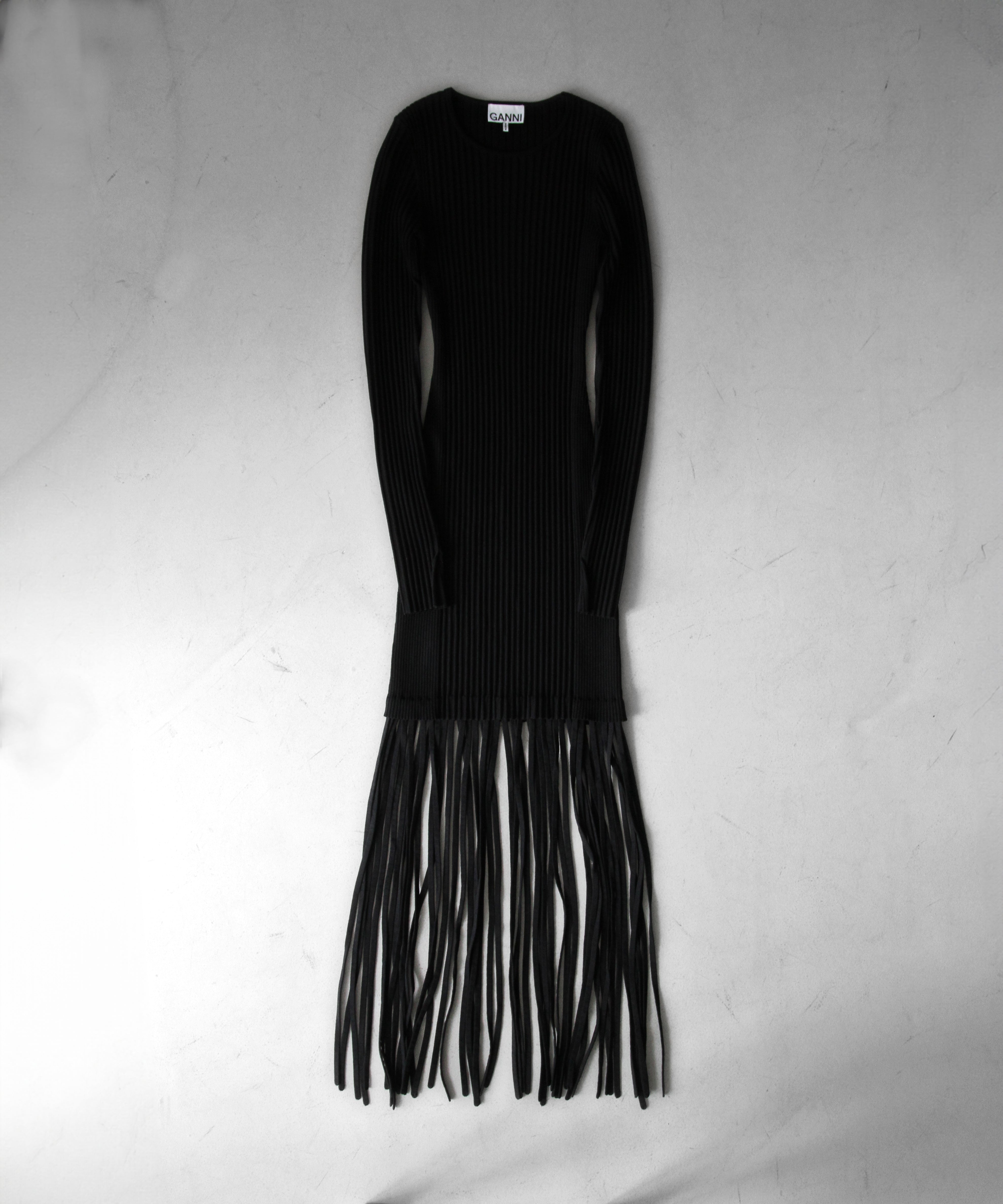 GANNI Melange knit fringe mini dress "BLACK"
