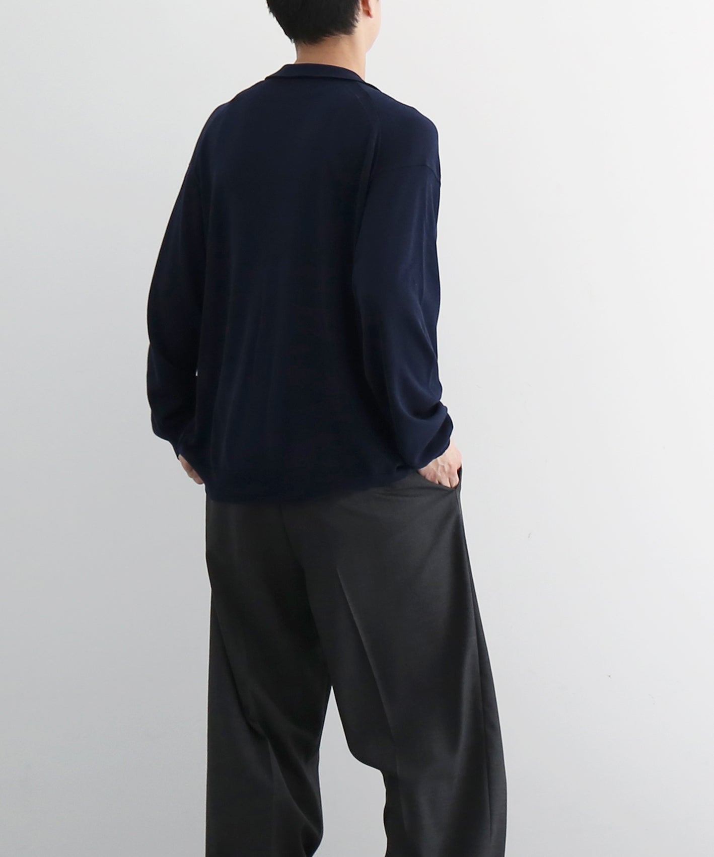 【EXCLUSIVE】crepuscule Open collar knit shirt "NAVY"