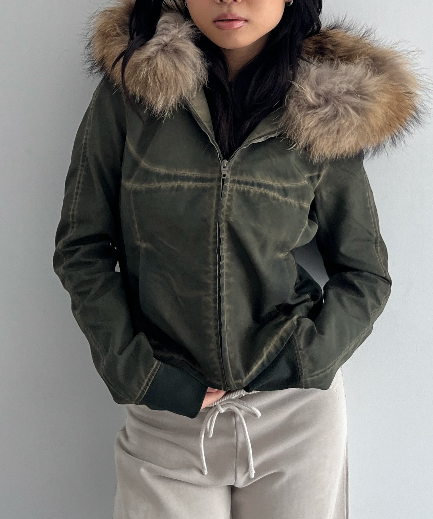 LOADINGROOM Fur hoodie zip jacket "KHAKI"