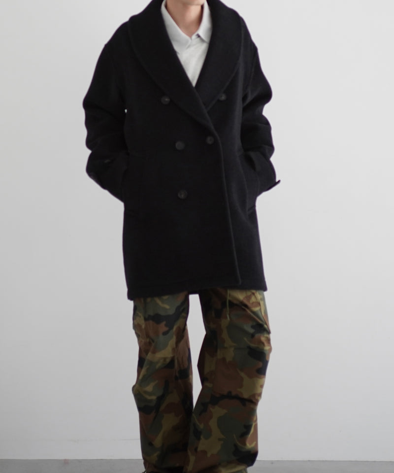 AURALEE Wool herringbone shawl collar coat “DARK CHARCOAL”