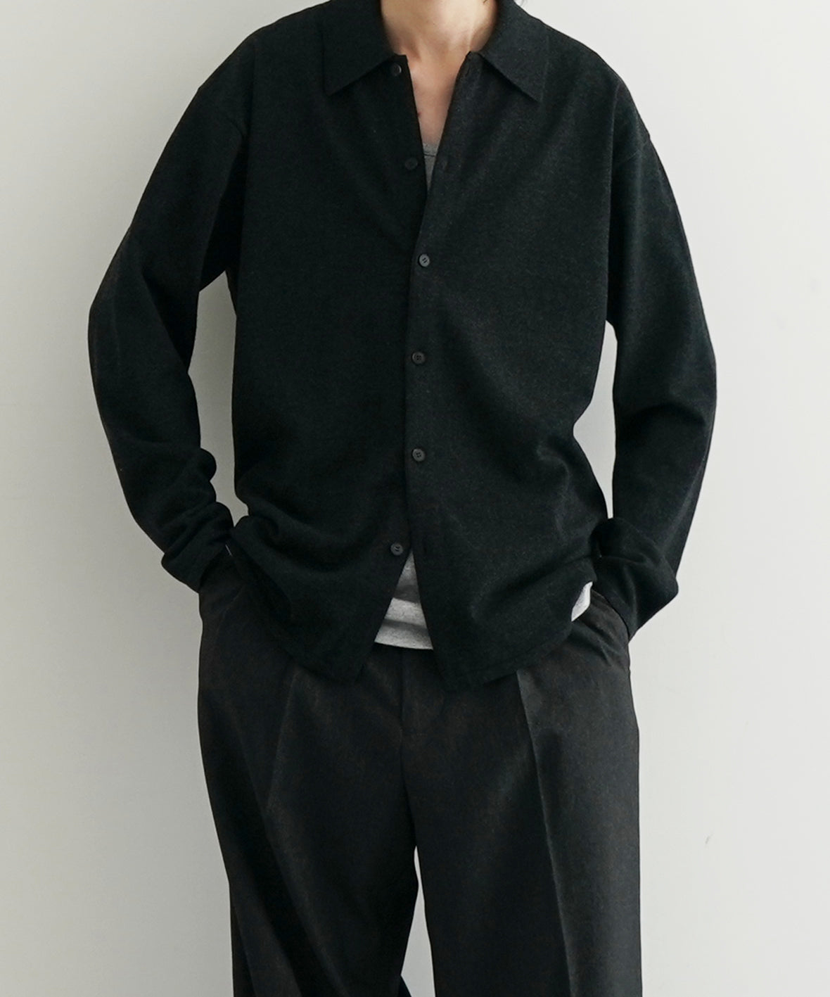 AURALEE High twist wool knit shirt cardigan "CHARCOAL"