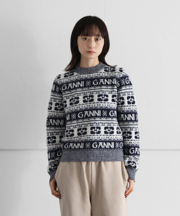 GANNI Logo Wool Mix O-neck Pullover 