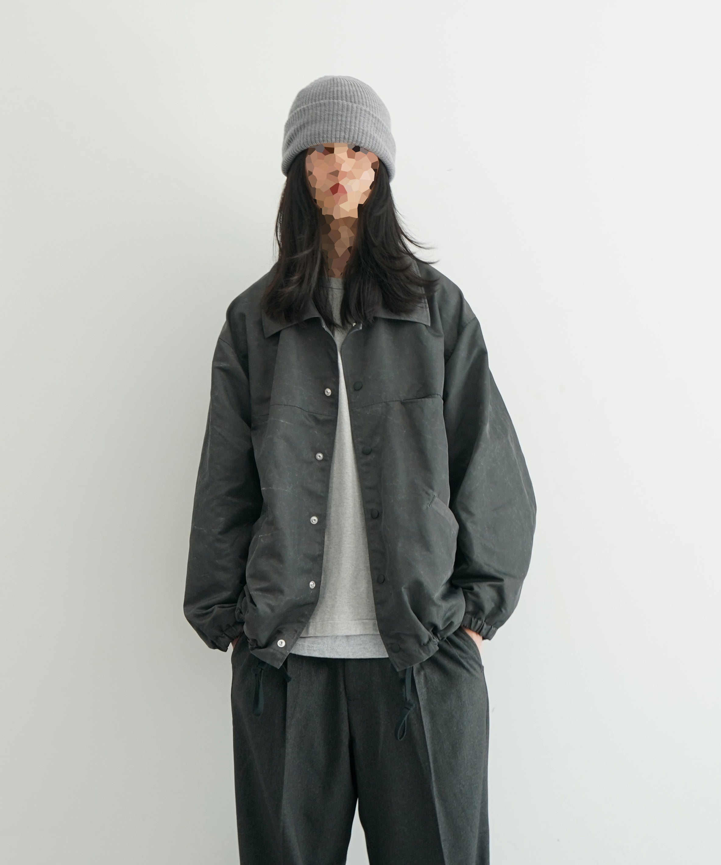 VOAAOV Aging nylon twill coach jacket nylon , cotton "BLACK"
