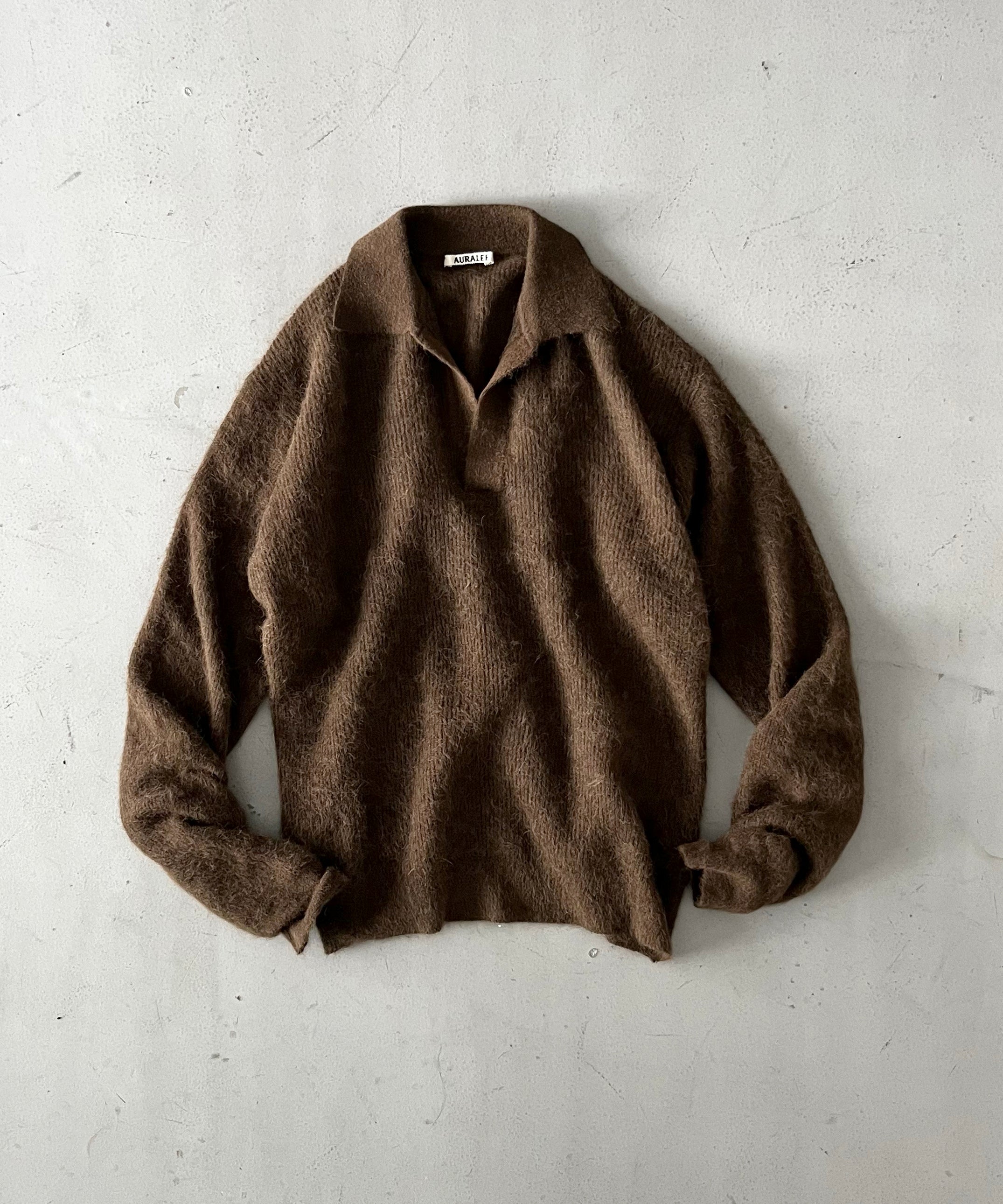 AURALEE Baby suri alpaca sheer knit skipper polo "DARK BROWN"