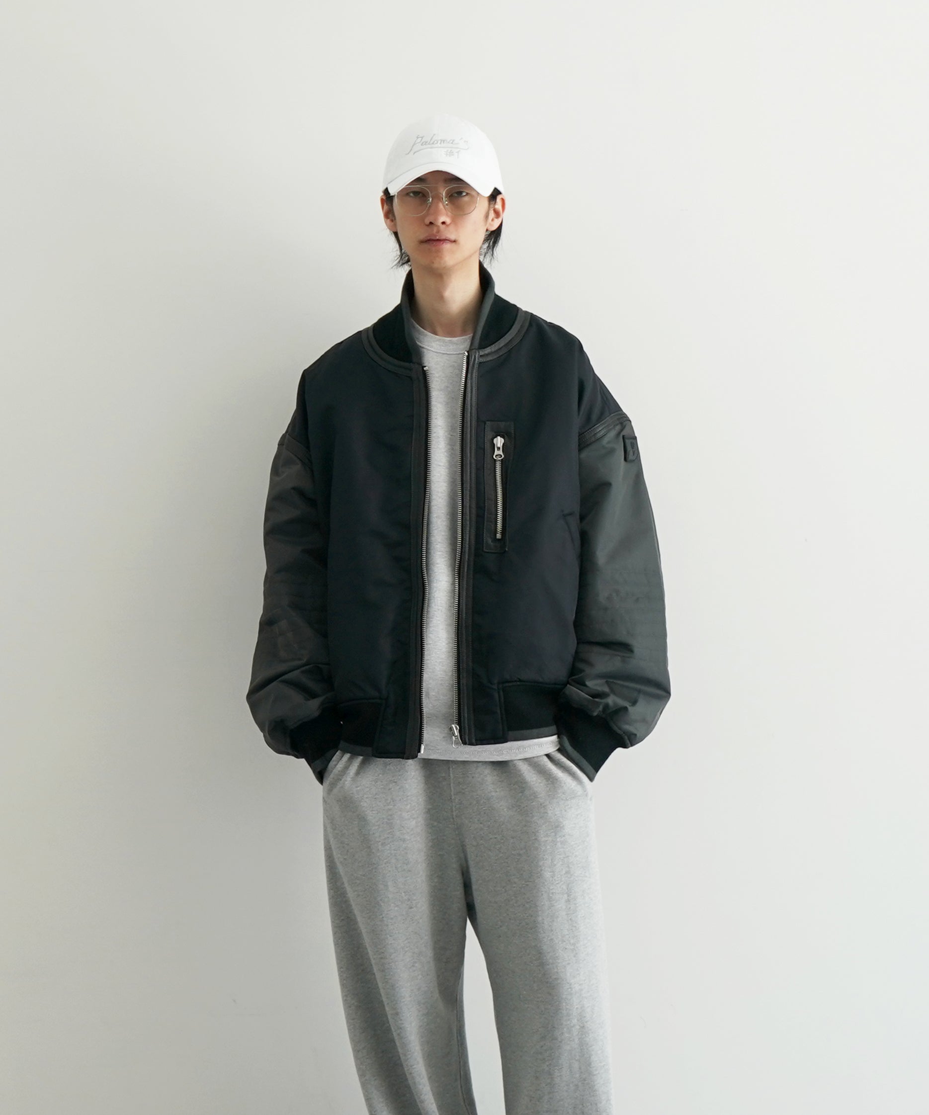 PHINGERIN Trim leather bonber jacket "C:BLACK"