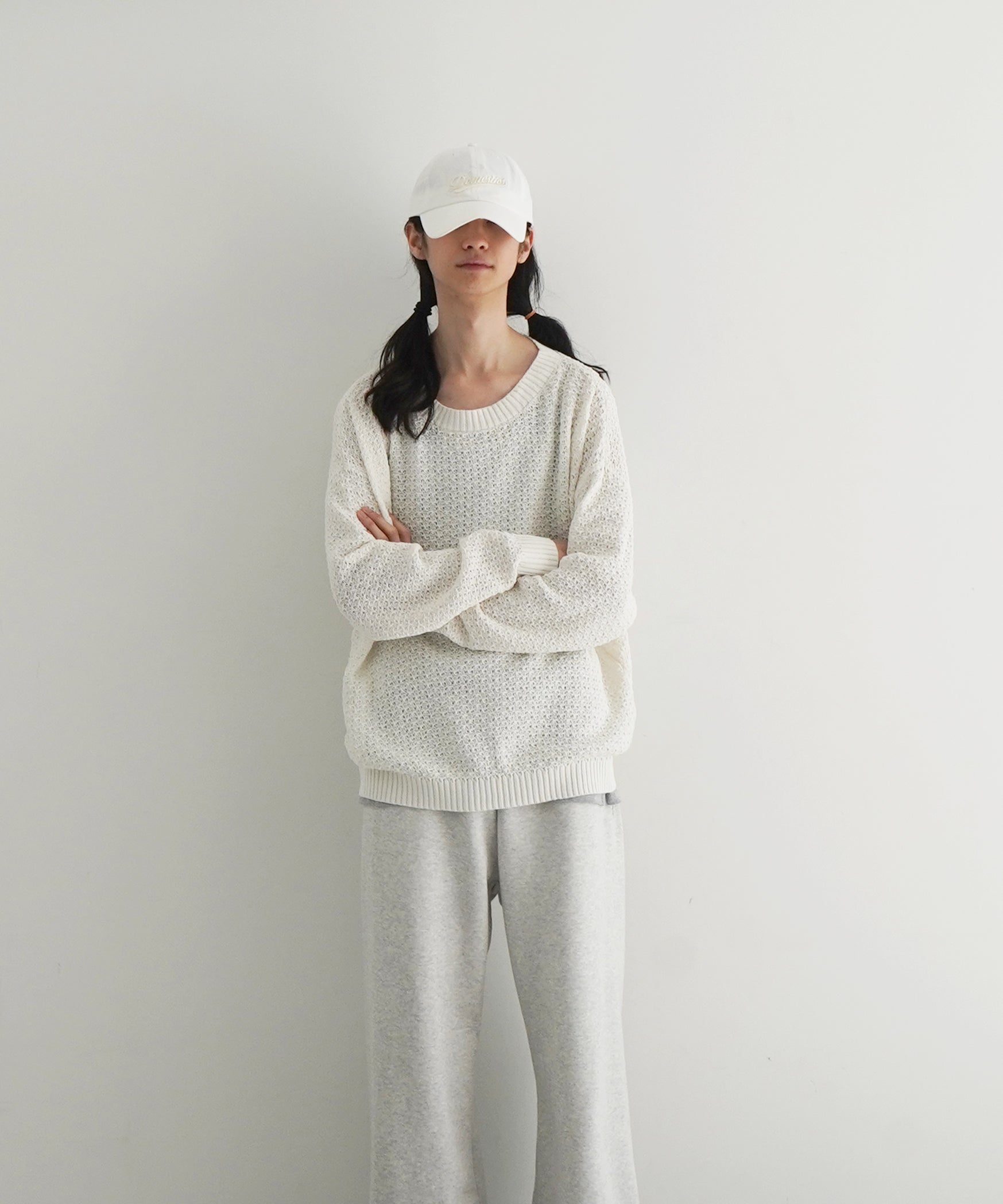 OLD FOLK HOUSE Cotton & linen crew neck knit "WHITE"