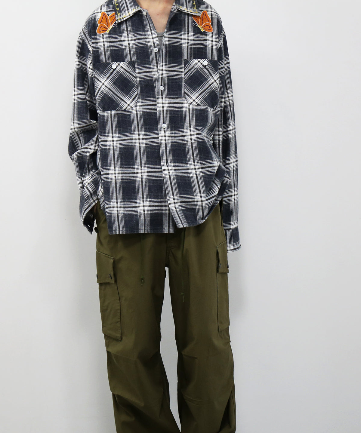 NEEDLES One-up shirt - printed flannel/plaid "F-GREY/OLIVE F"
