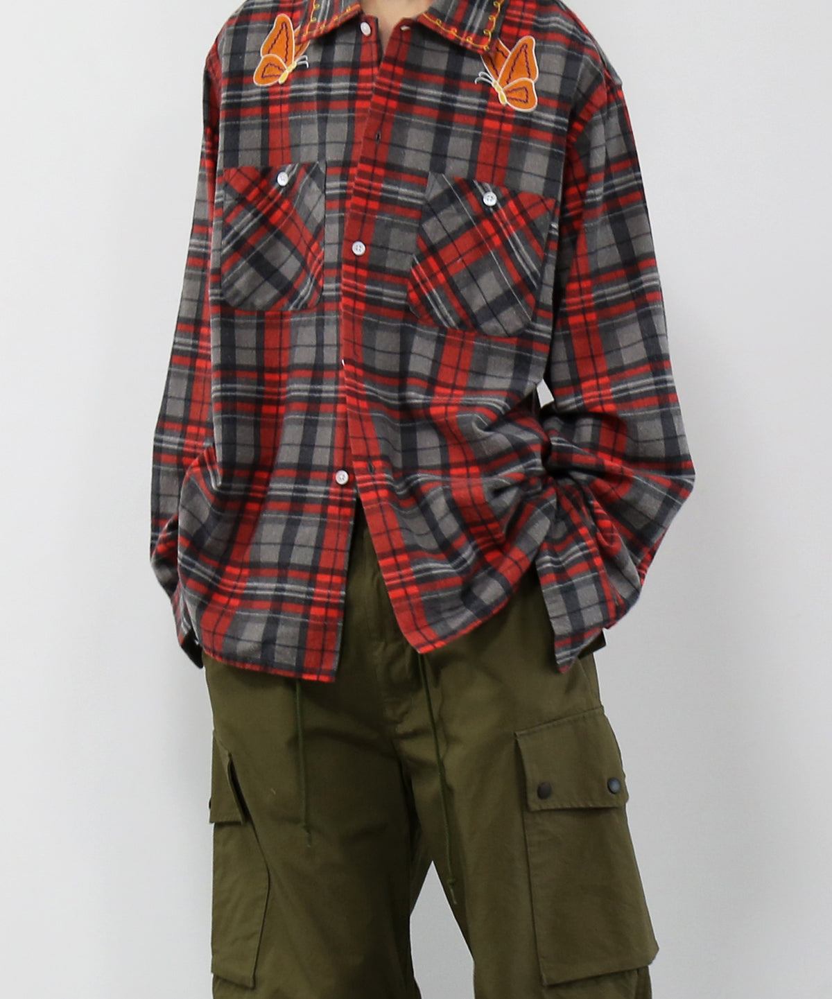 NEEDLES One-up shirt - printed flannel/plaid "B-GREY/RED B"