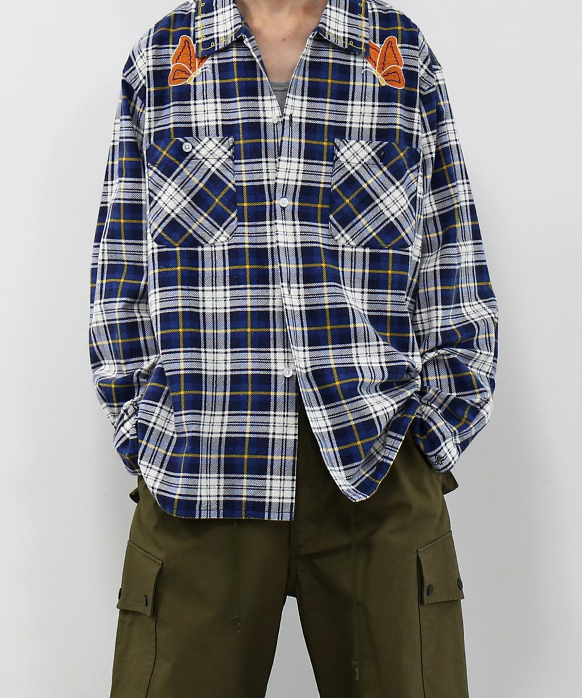 NEEDLES One-up shirt - printed flannel/plaid "B-GREY/RED B"