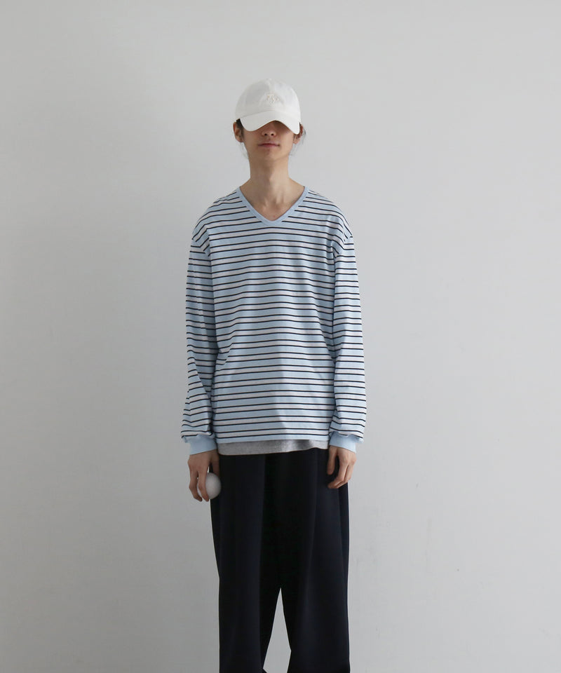 KAIKO V neck border l/s t-shirt “SAX”