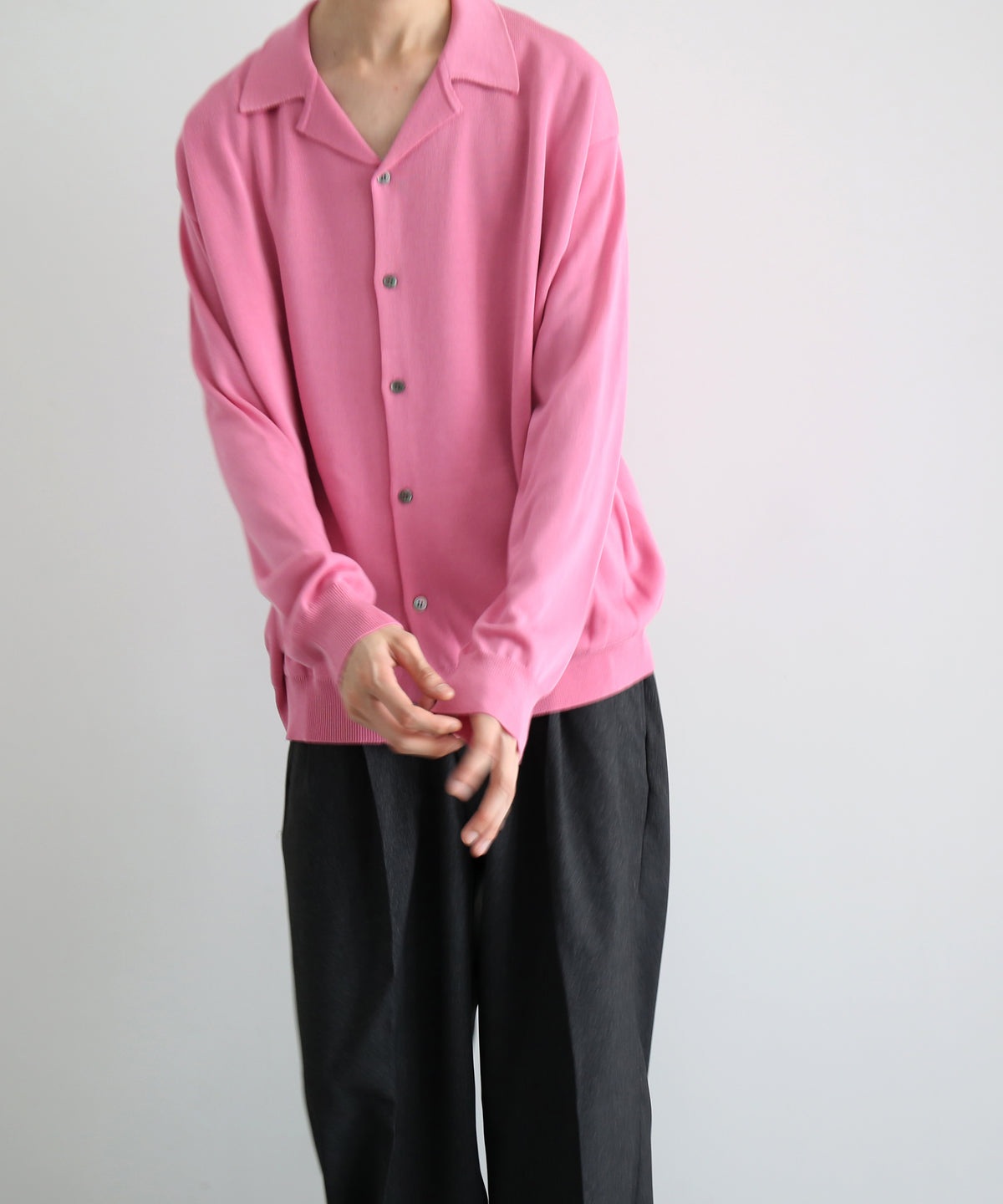 【EXCLUSIVE】crepuscule Open collar knit shirt "LIGHT PINK"