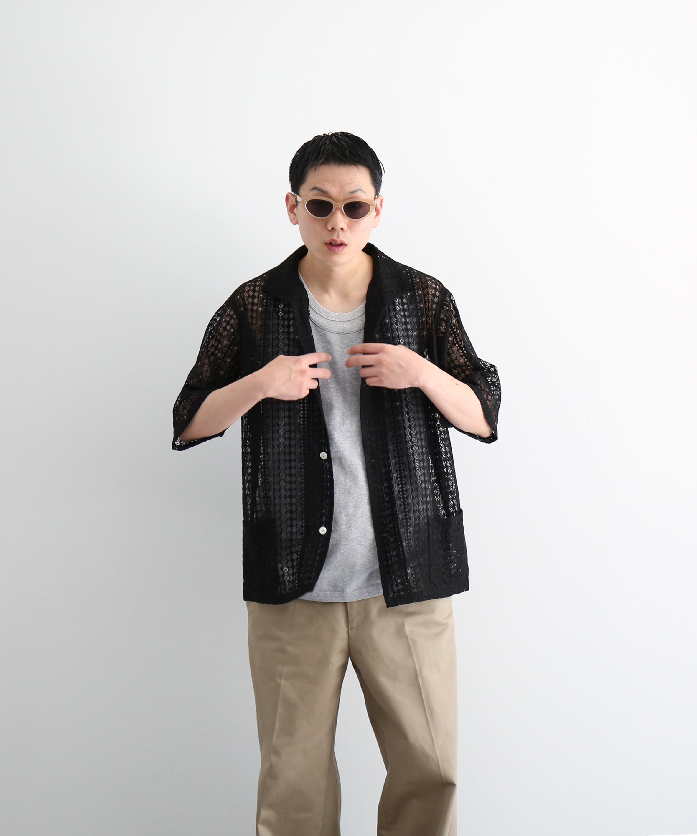 NEEDLES S/s widespread collar shirt-ras lace "B-BLACK B"