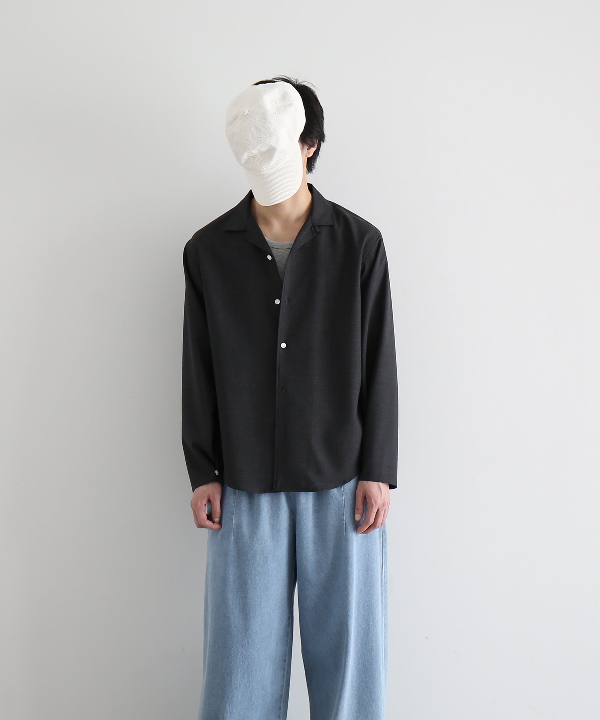 OLD FOLK HOUSE Wool lounge shirt "WHITE & NAVY (GINGHAM)"