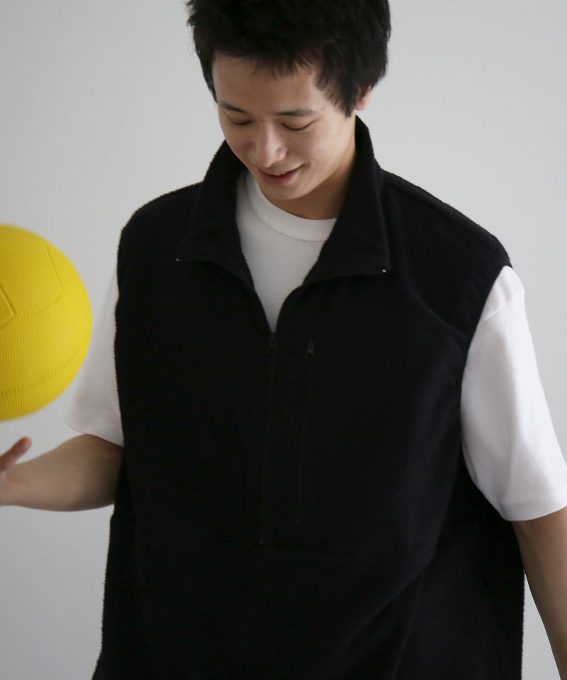 NOWHAW Towel cloth half zip vest "BLACK"