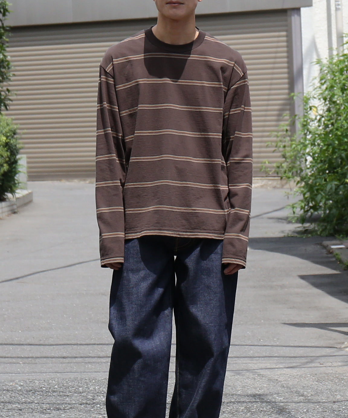 UNUSED Us2599 Long sleeve border t-shirt "BROWN"