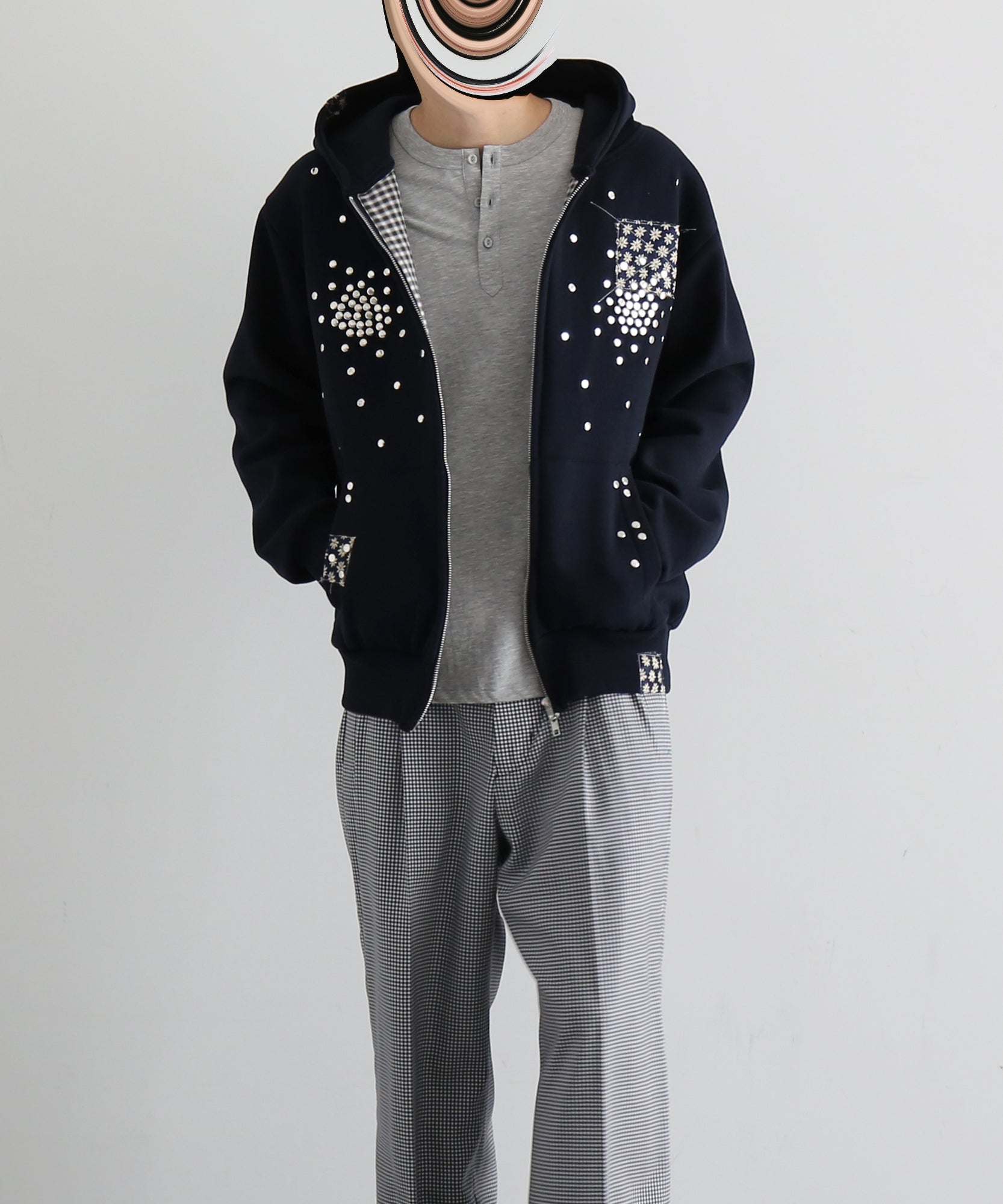 HANNAH CREAK Studded hoodie double zip "DARK BLUE"