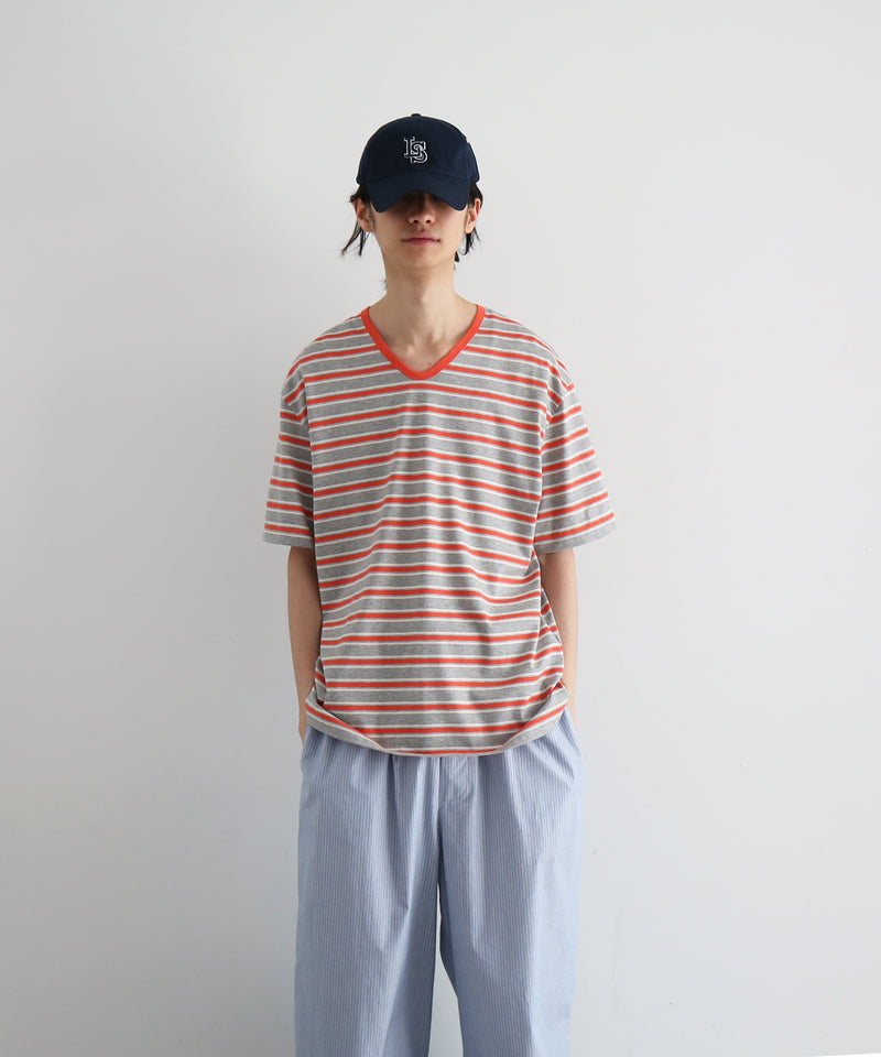 KAIKO V neck border t-shirts "SAX"