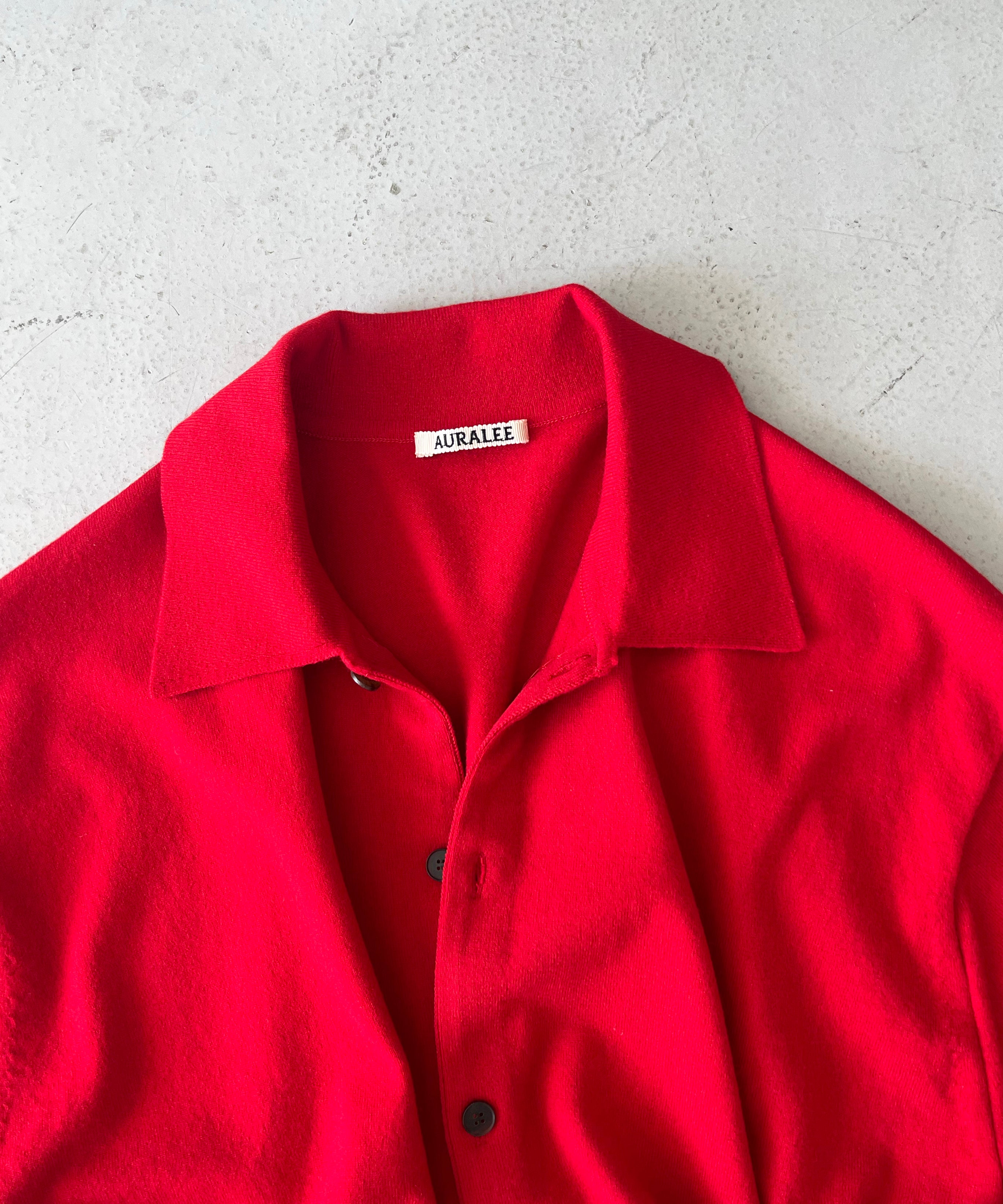 AURALEE High twist wool knit shirt cardigan "RED"