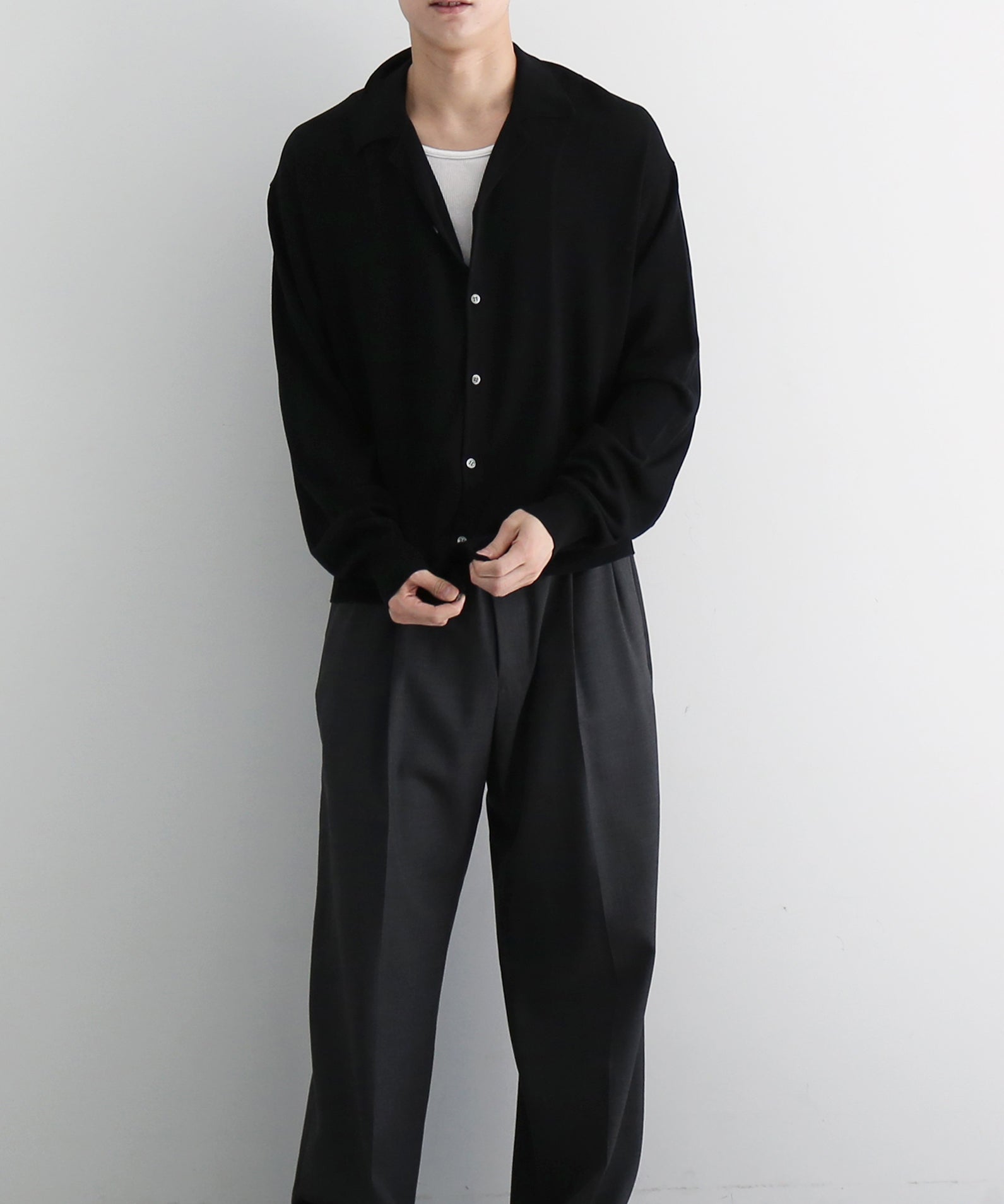 【EXCLUSIVE】crepuscule Open collar knit shirt "BLACK"
