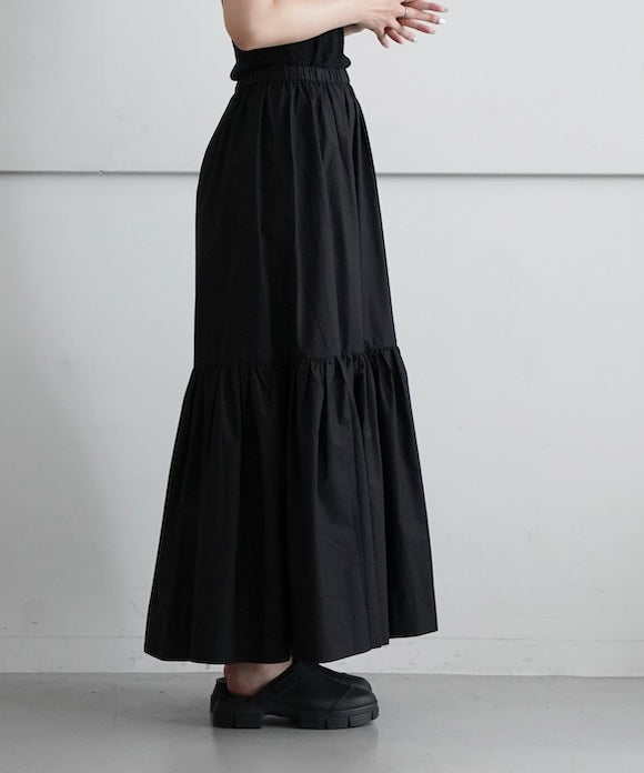 GANNI Cotton Poplin Maxi Flounce Skirt "Black"