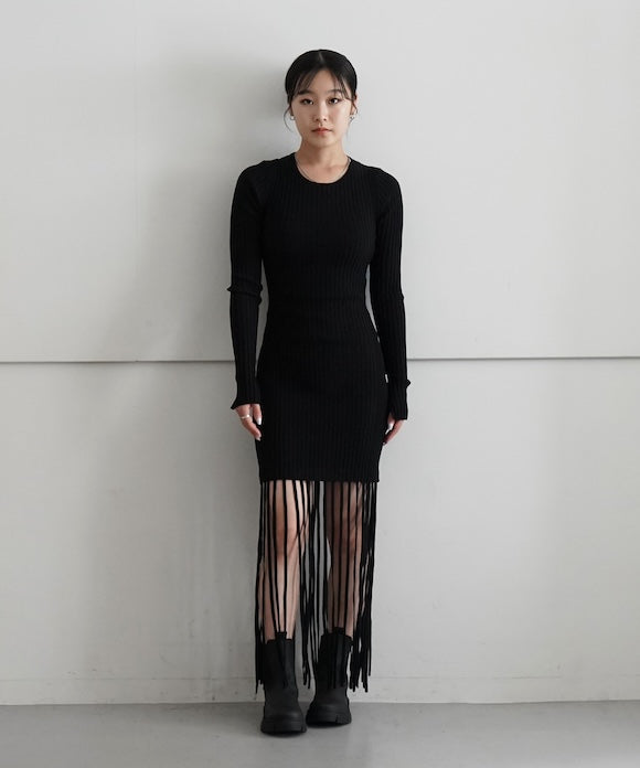 GANNI Melange Knit Fringe Mini Dress "Black"