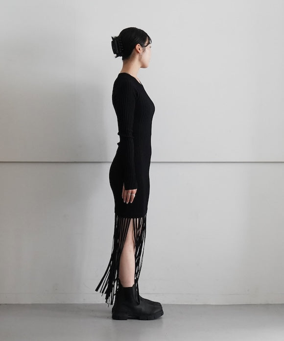 GANNI Melange Knit Fringe Mini Dress "Black"